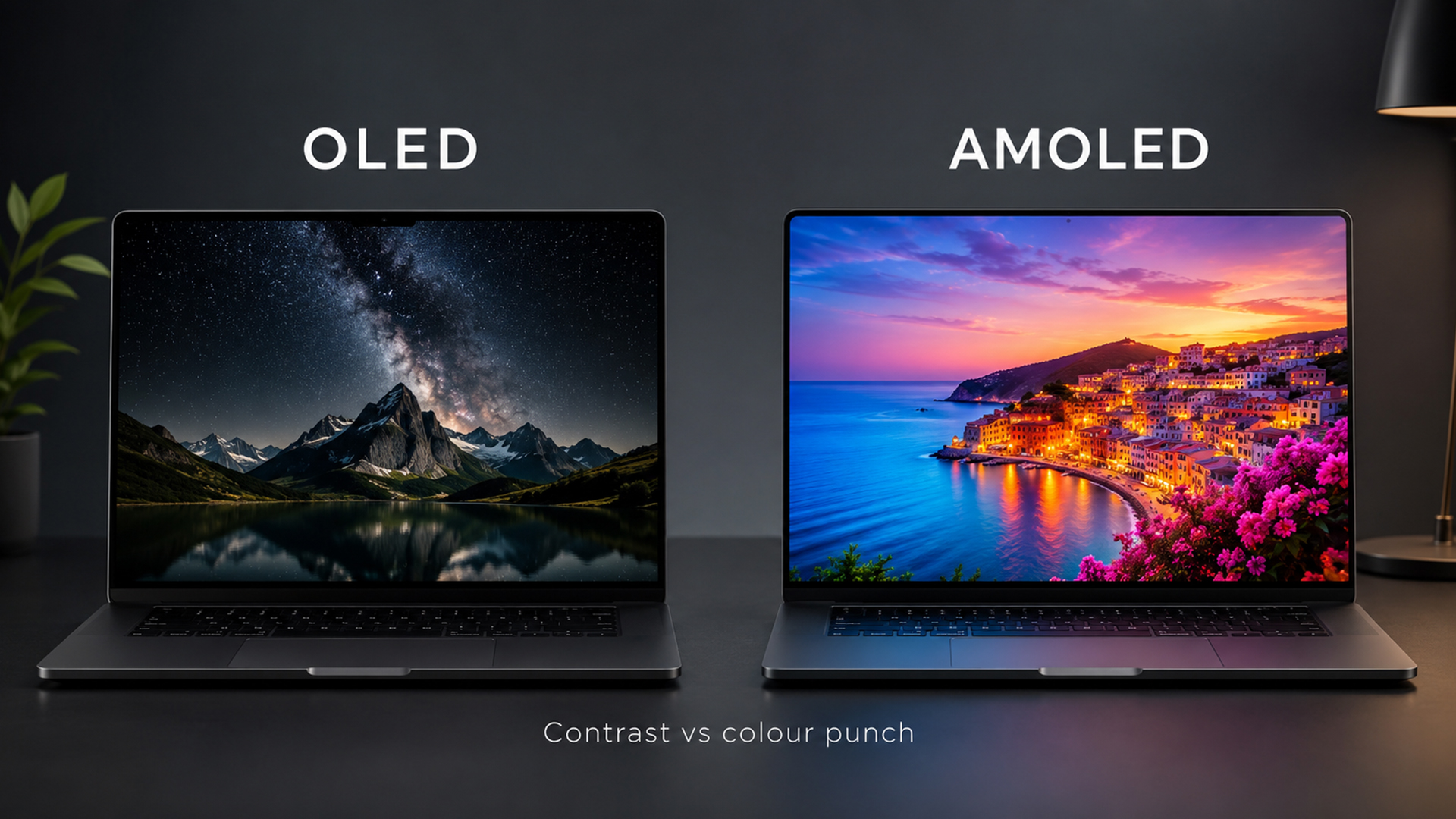 Side-by-side comparison of OLED and AMOLED laptop displays showing contrast and color.