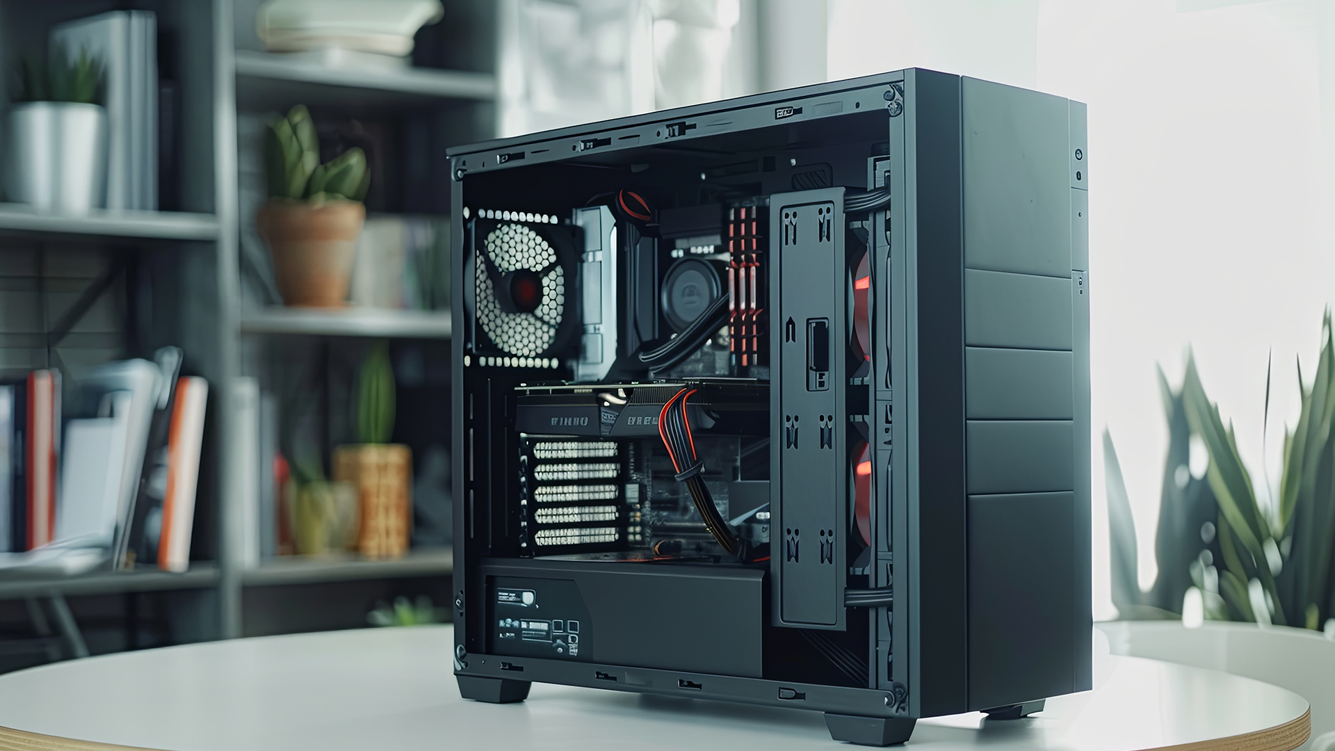 An open black desktop PC case revealing internal components on a white table.