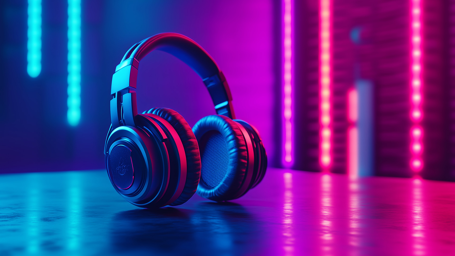 n over-ear gaming headset resting on a table with cyan and magenta neon backdrop.