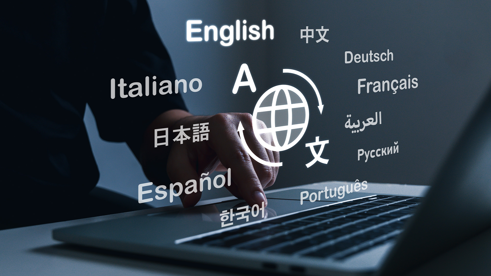 Person typing on a laptop with a floating multilingual text translation overlay.