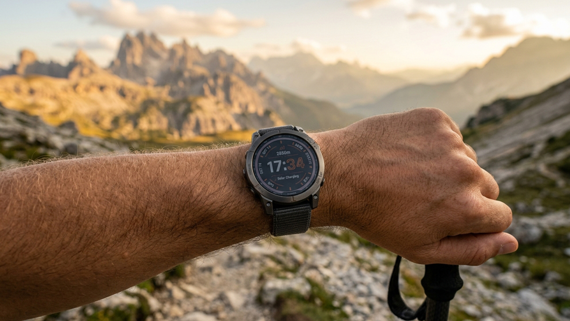 Person wearing a rugged Samsung smartwatch during a mountain hike.