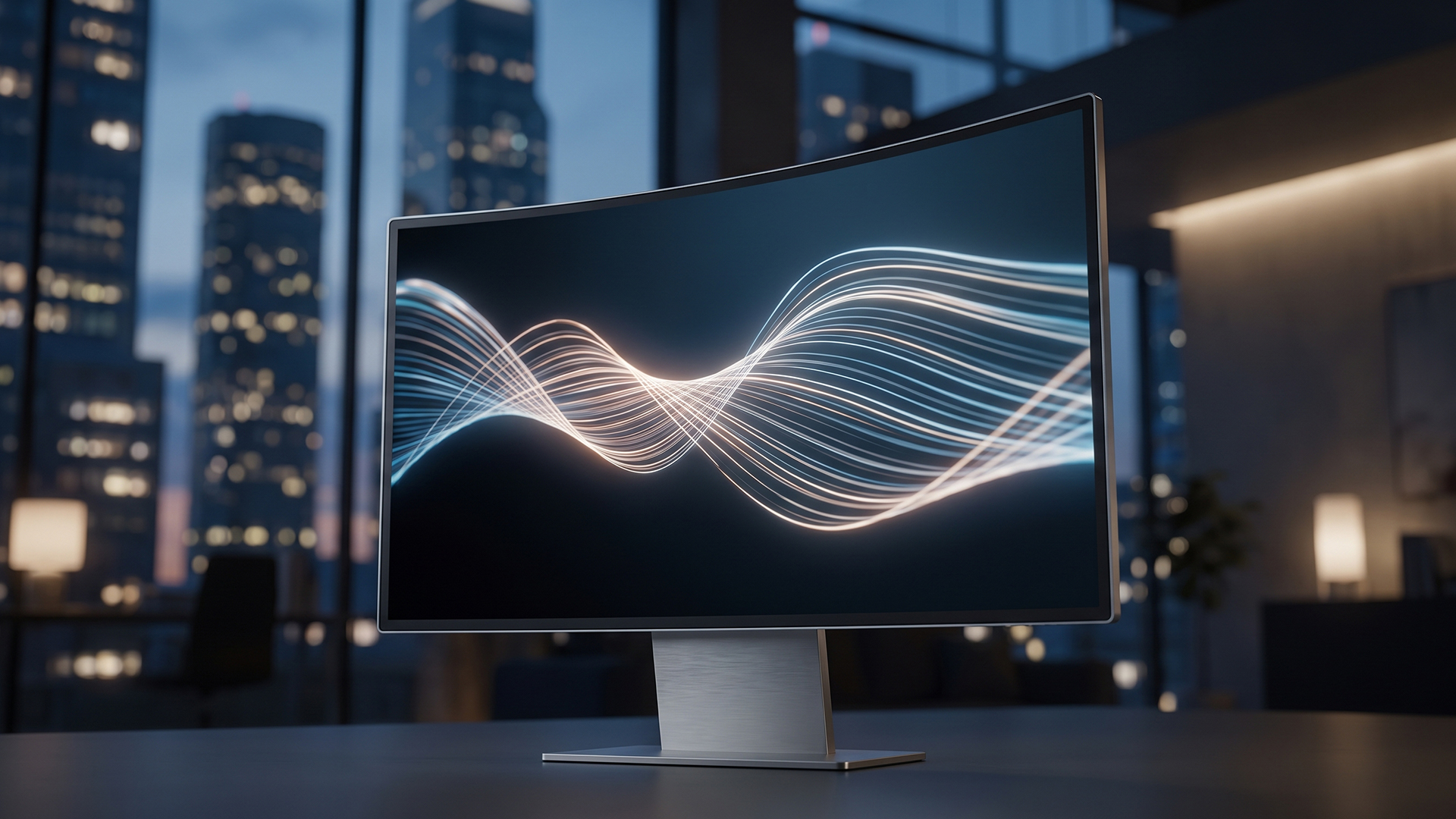 A curved Philips monitor displaying an abstract glowing wave design with a city skyline in the background.