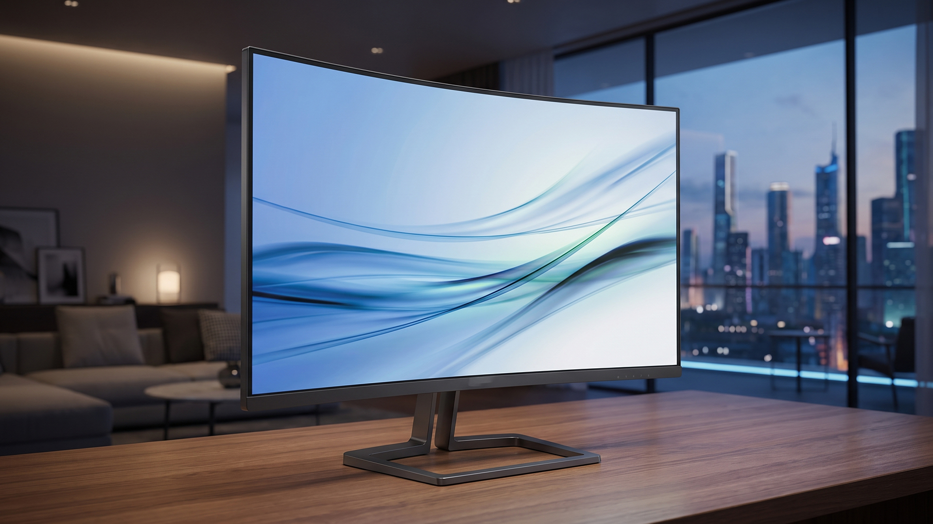 A modern Philips monitor showing a blue abstract desktop background set on a desk in a contemporary living room.