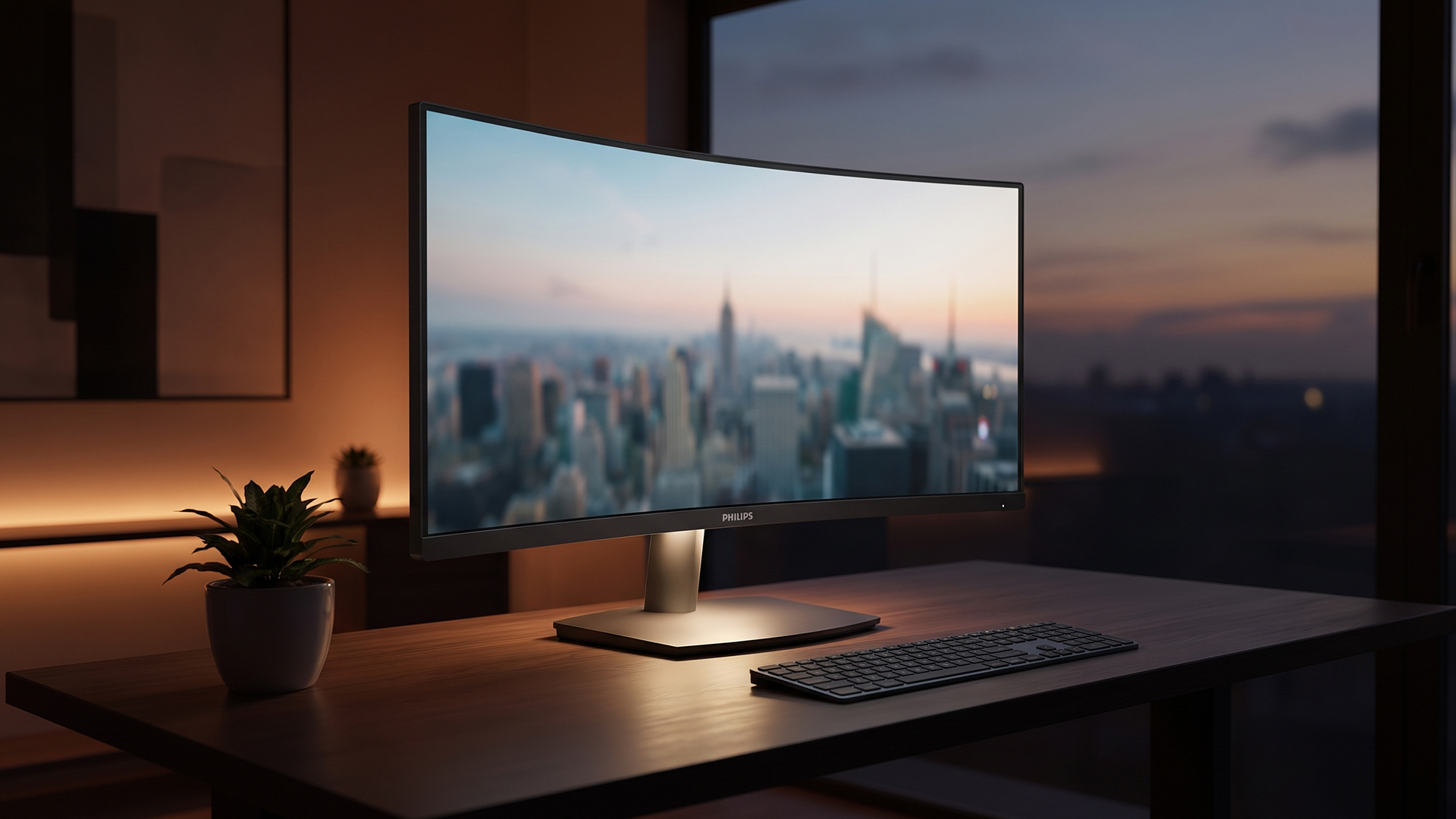 An ultrawide Philips monitor displaying a city skyline at sunset on a wooden desk with a keyboard and plant.