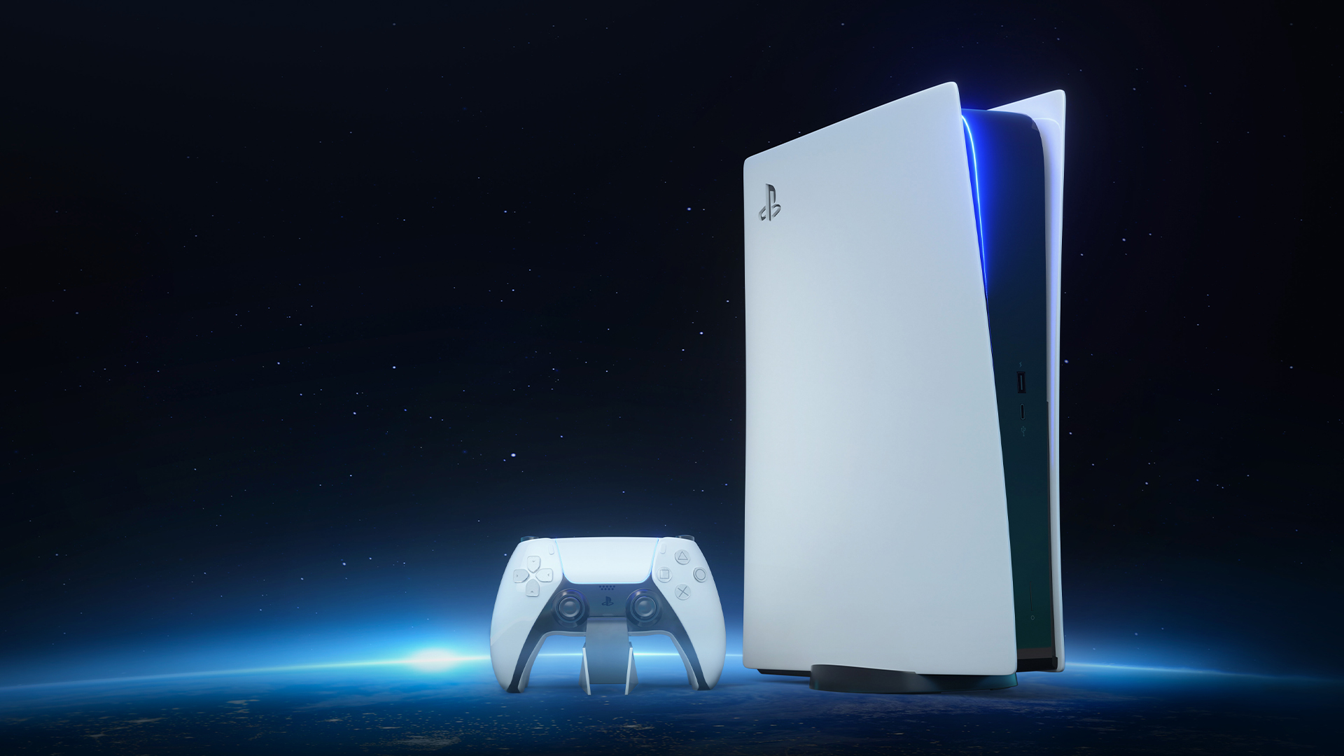 The PlayStation 5 console and its DualSense wireless controller showcased against a space background.