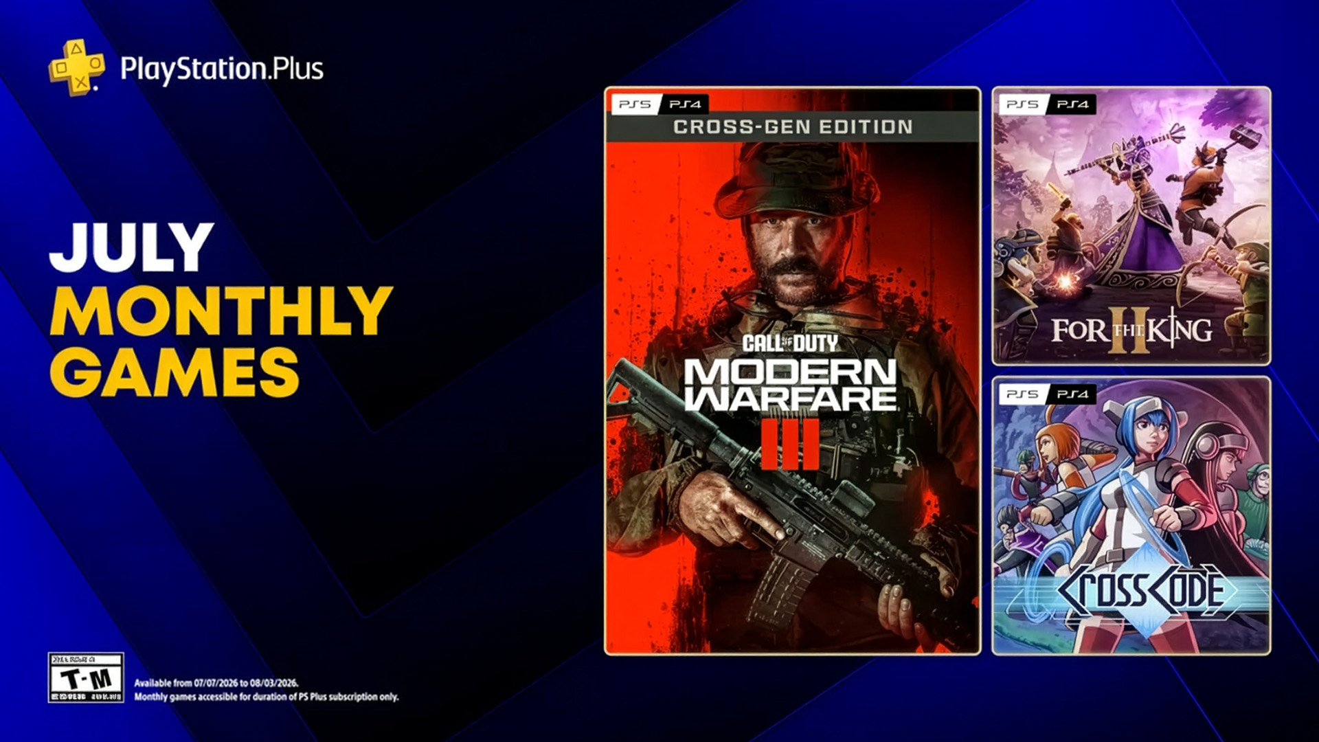 PlayStation Plus graphic displaying the July 2026 monthly games including Call of Duty: Modern Warfare III, For the King II, and CrossCode.