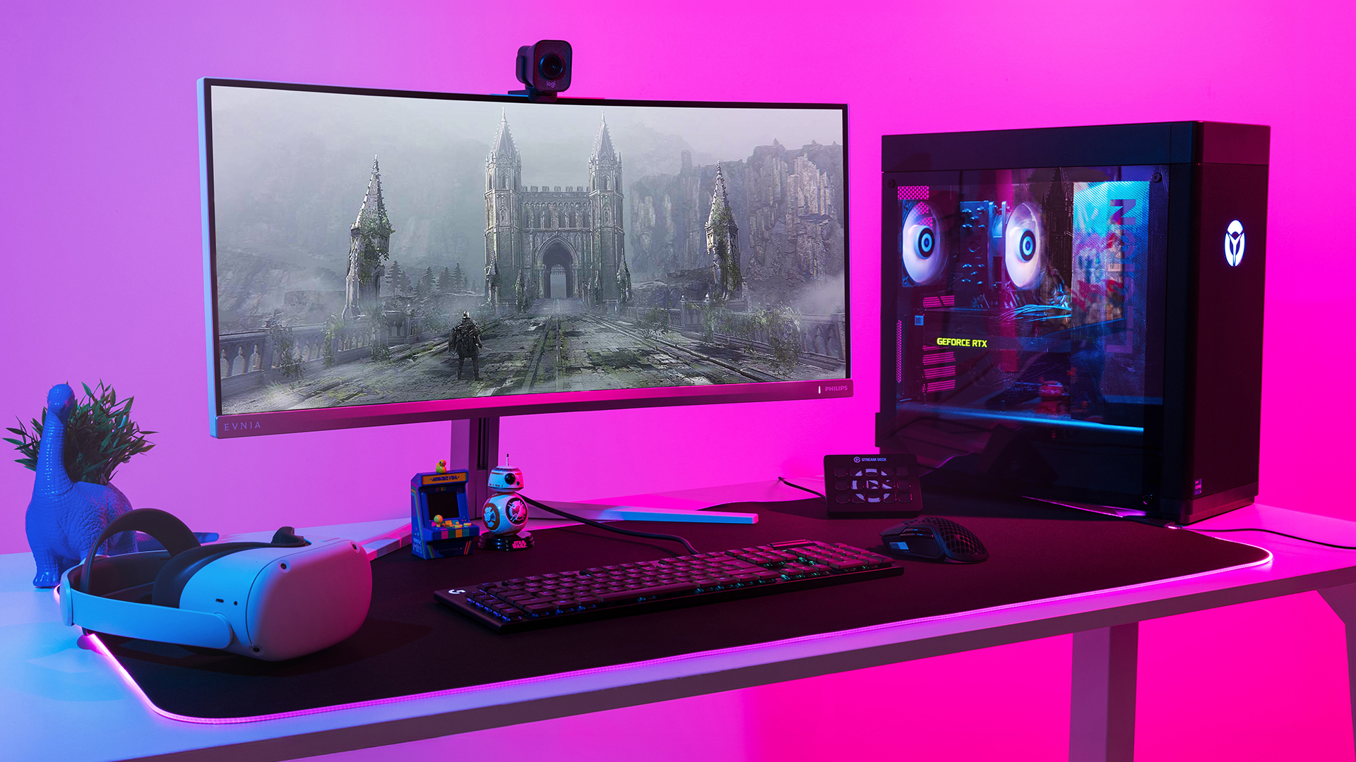 Professional gaming and music production desk setup.