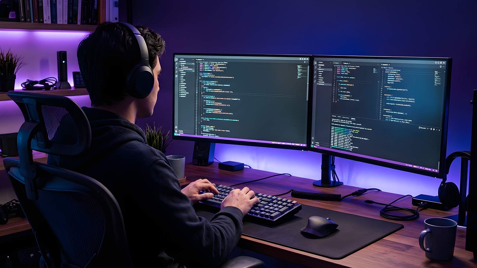 A professional video editing workspace using a dual monitor setup to display software.