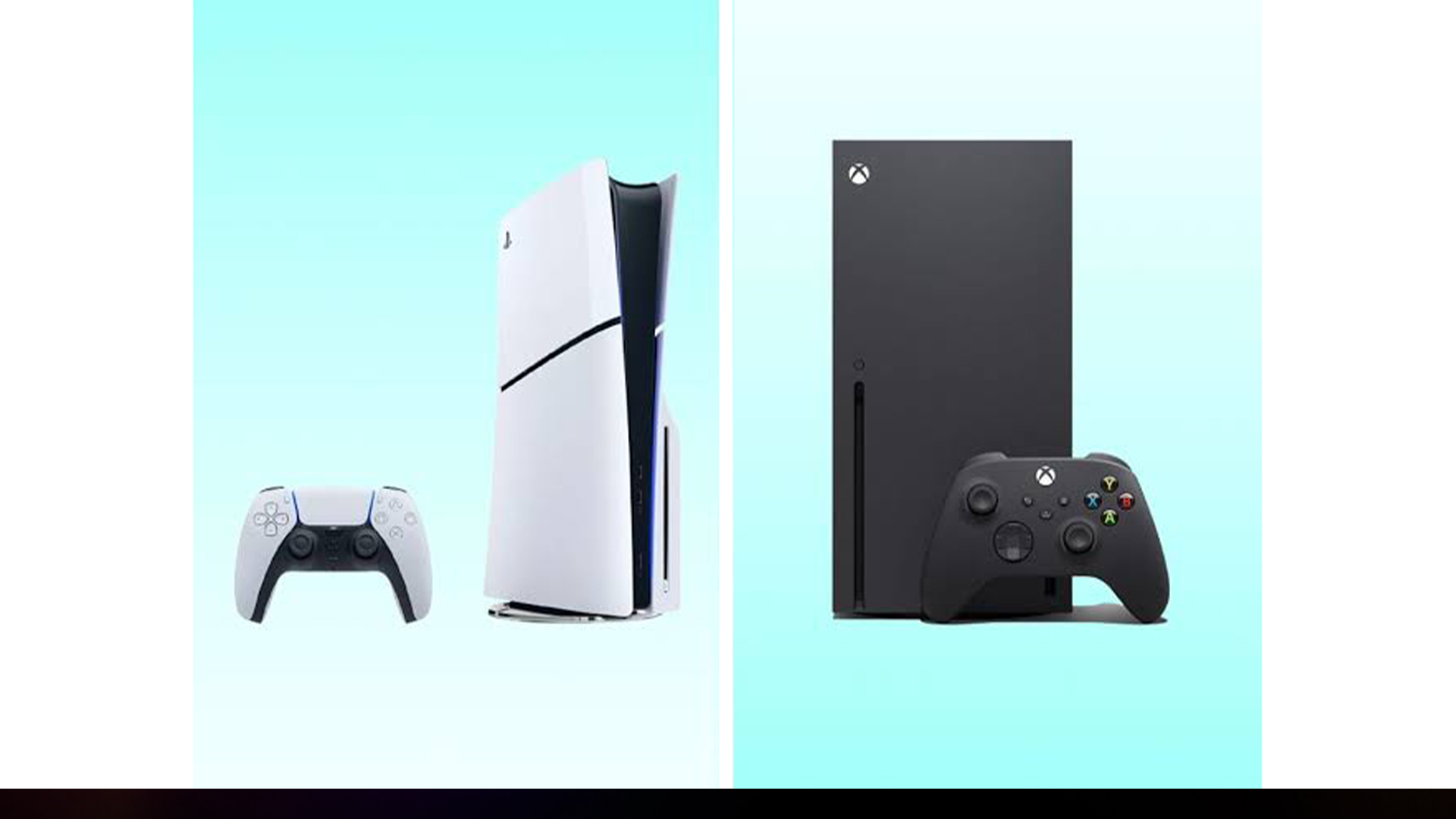 Side-by-side comparison of the PlayStation 5 and Xbox Series X consoles with their respective controllers.