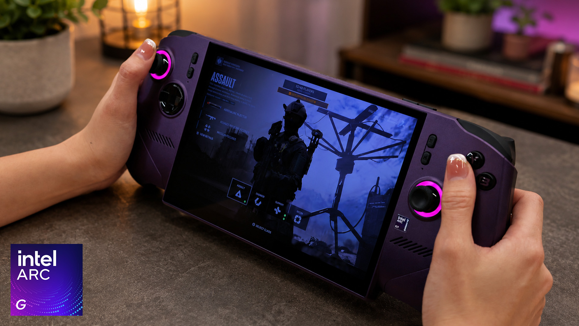 Person playing a military FPS game on a purple Intel Arc G handheld.