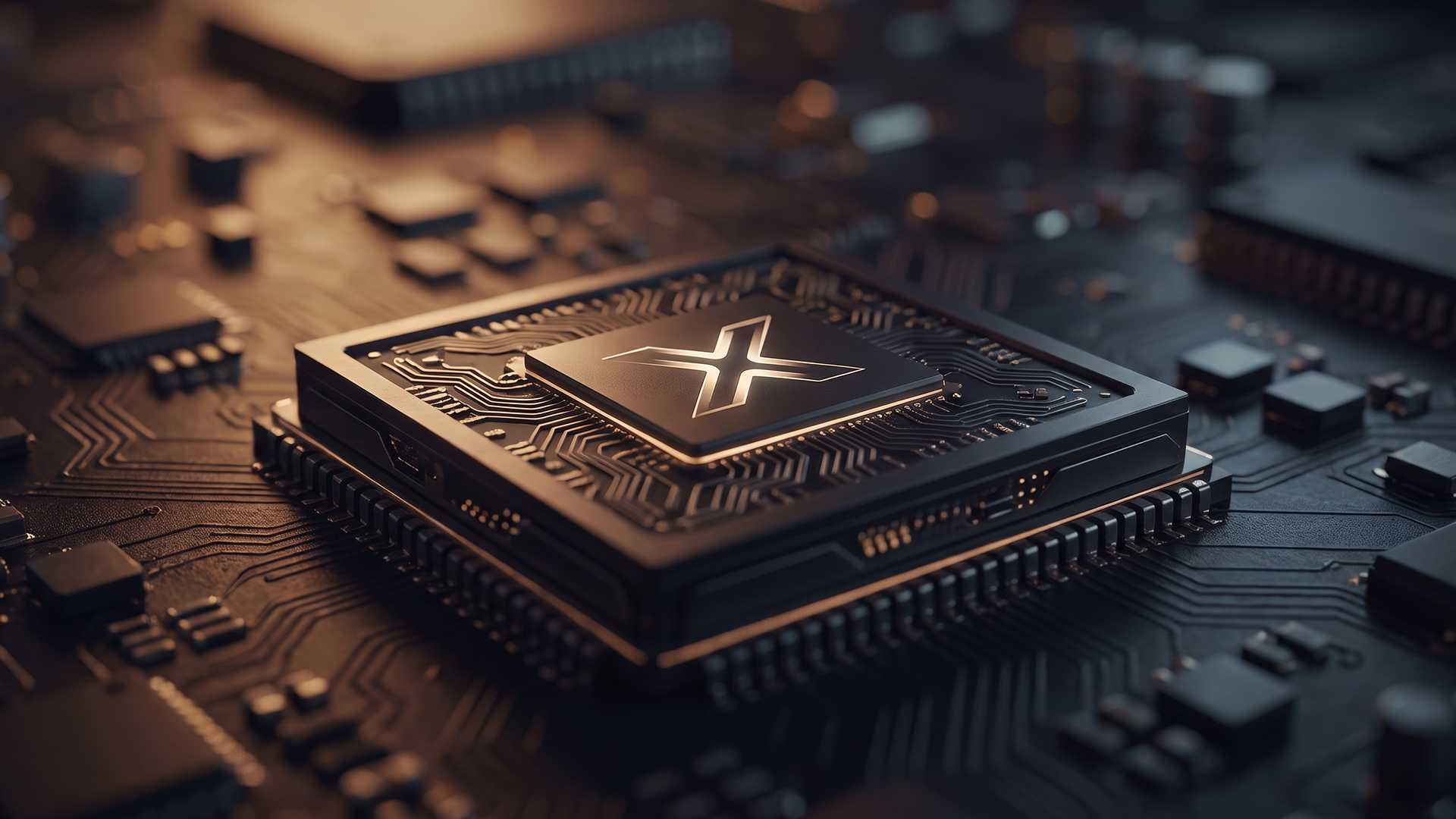 Close-up of a processor chip with an X logo on a circuit board.