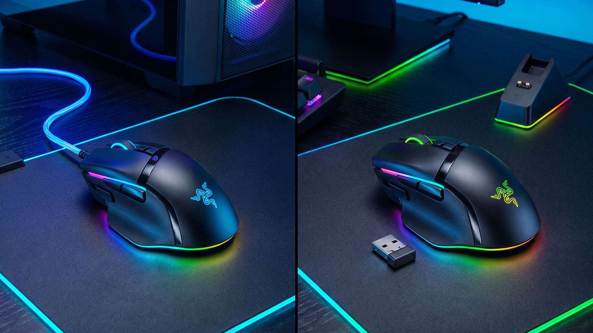 Split view of a Razer gaming mouse connected via cable and wireless receiver.
