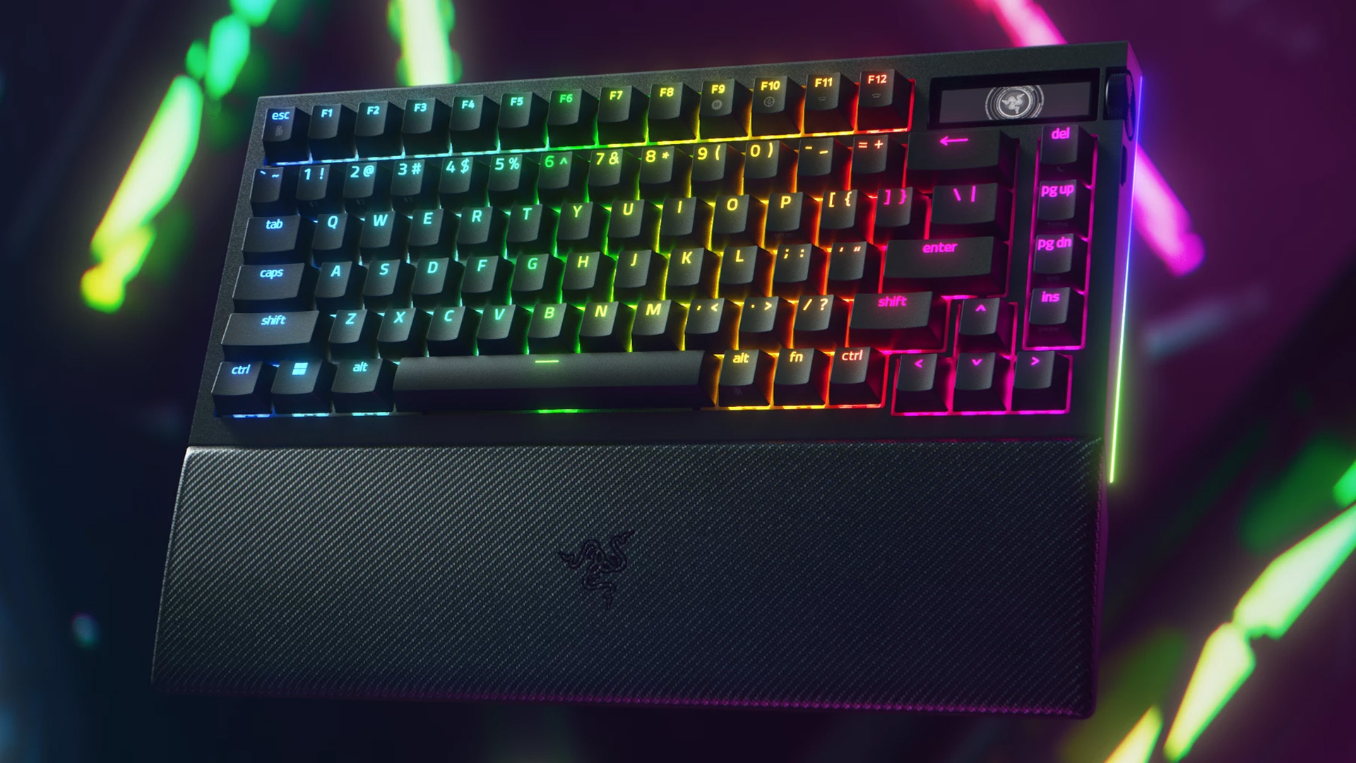 Floating Razer gaming keyboard illuminated with bright Chroma RGB lighting.