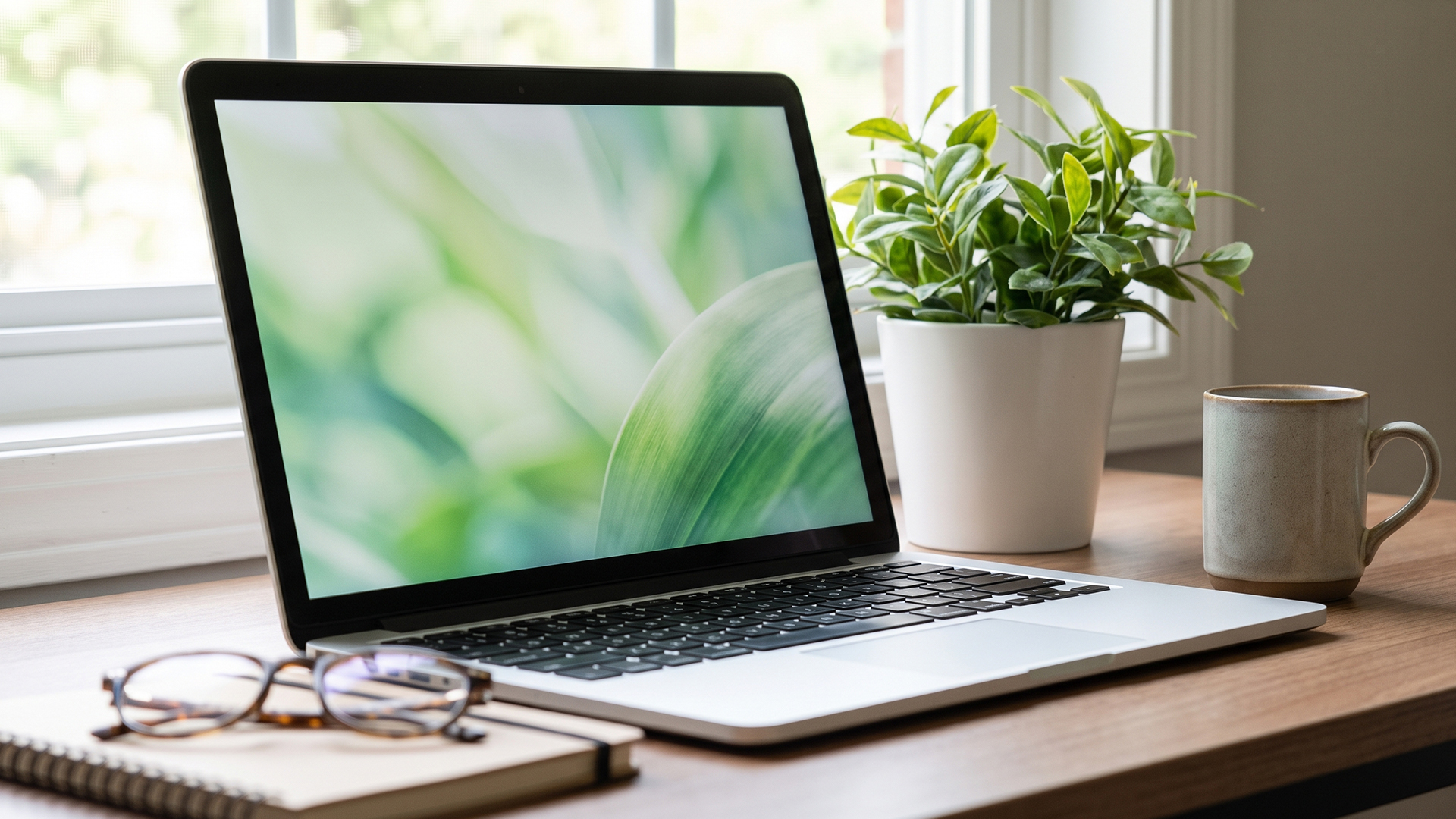 Open reconditioned laptop on a wooden desk next to a plant, notebook and mug.