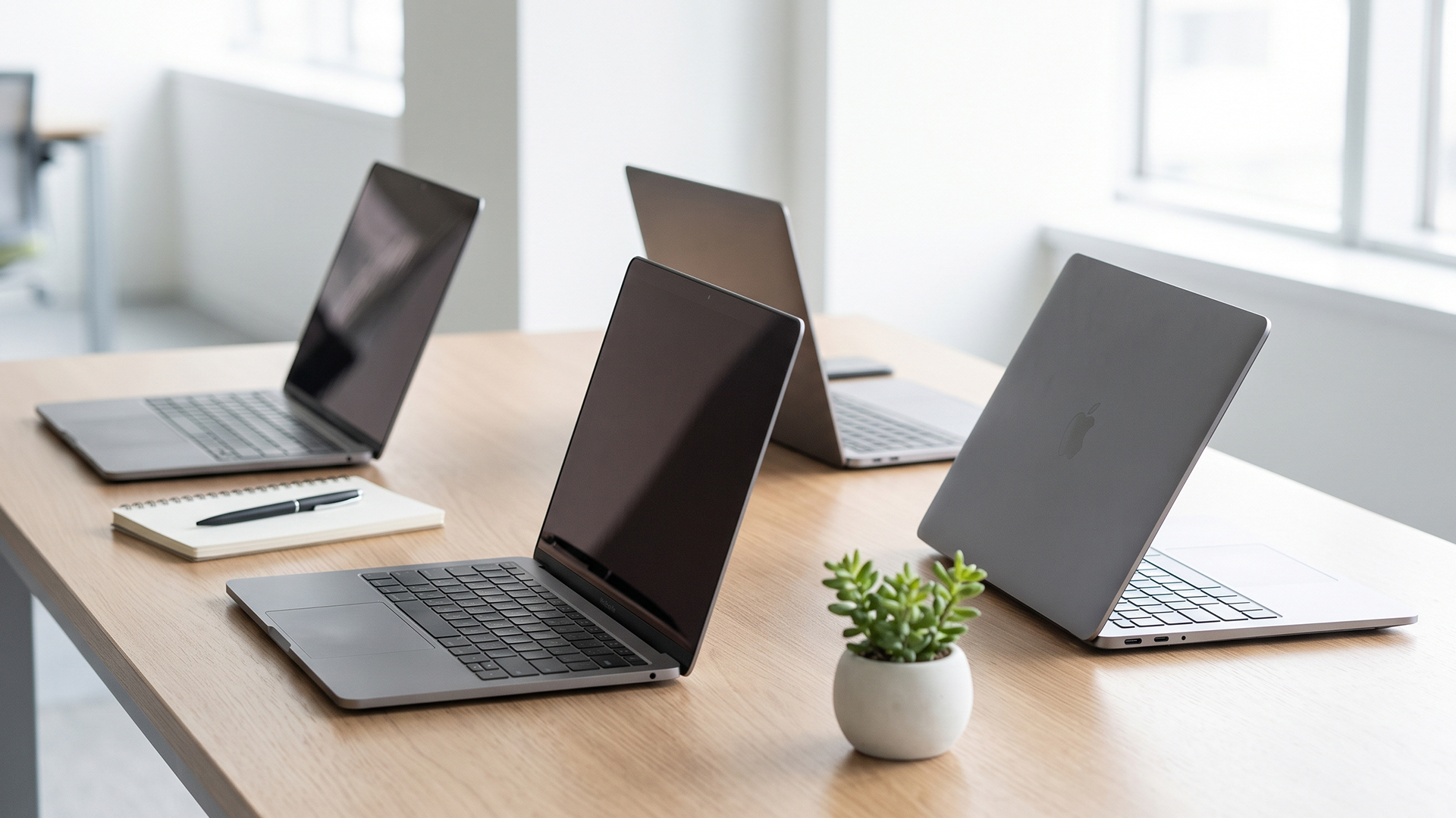 Three refurbished silver laptops open on a light wooden desk in an office.