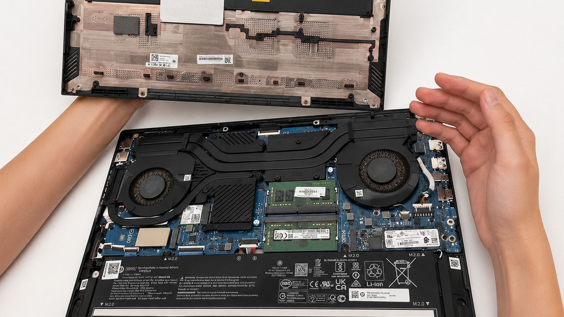 Hands removing a laptop bottom cover to reveal dual cooling fans.