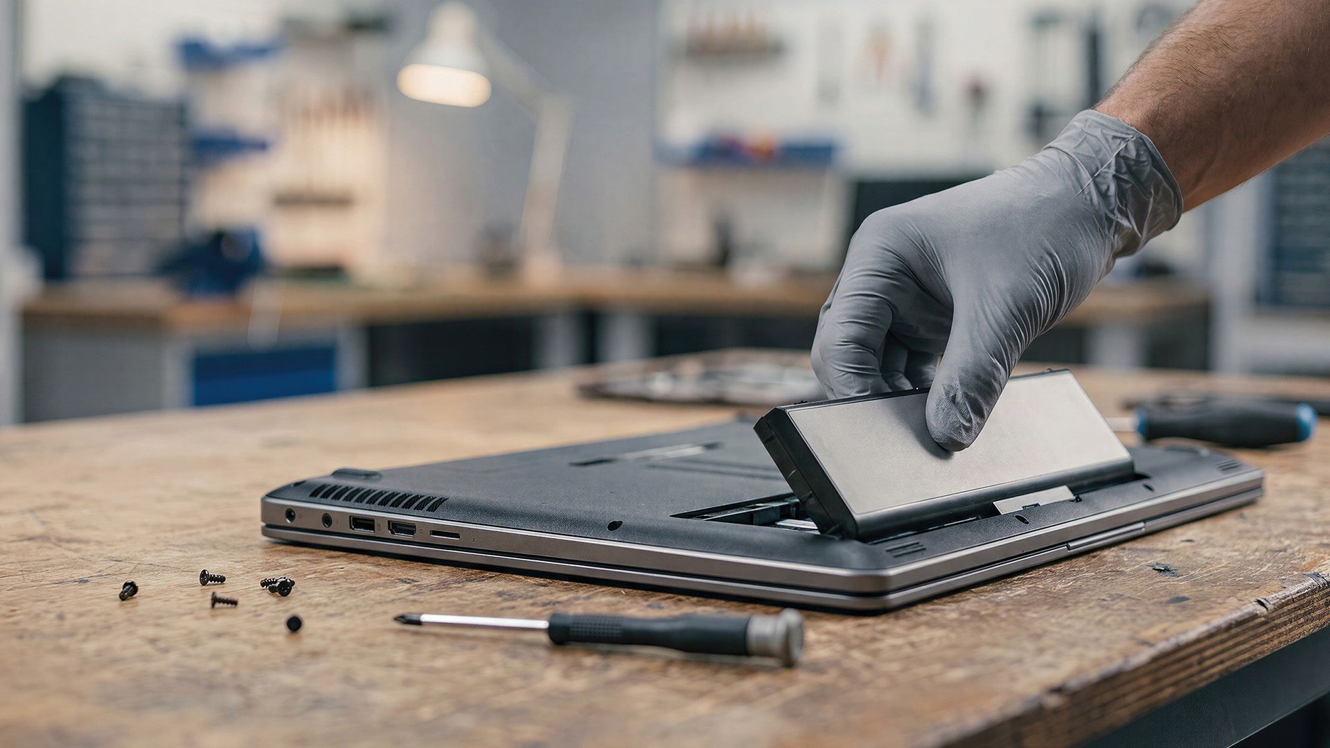 A repair technician wearing gloves installing a replacement laptop battery on a desk.