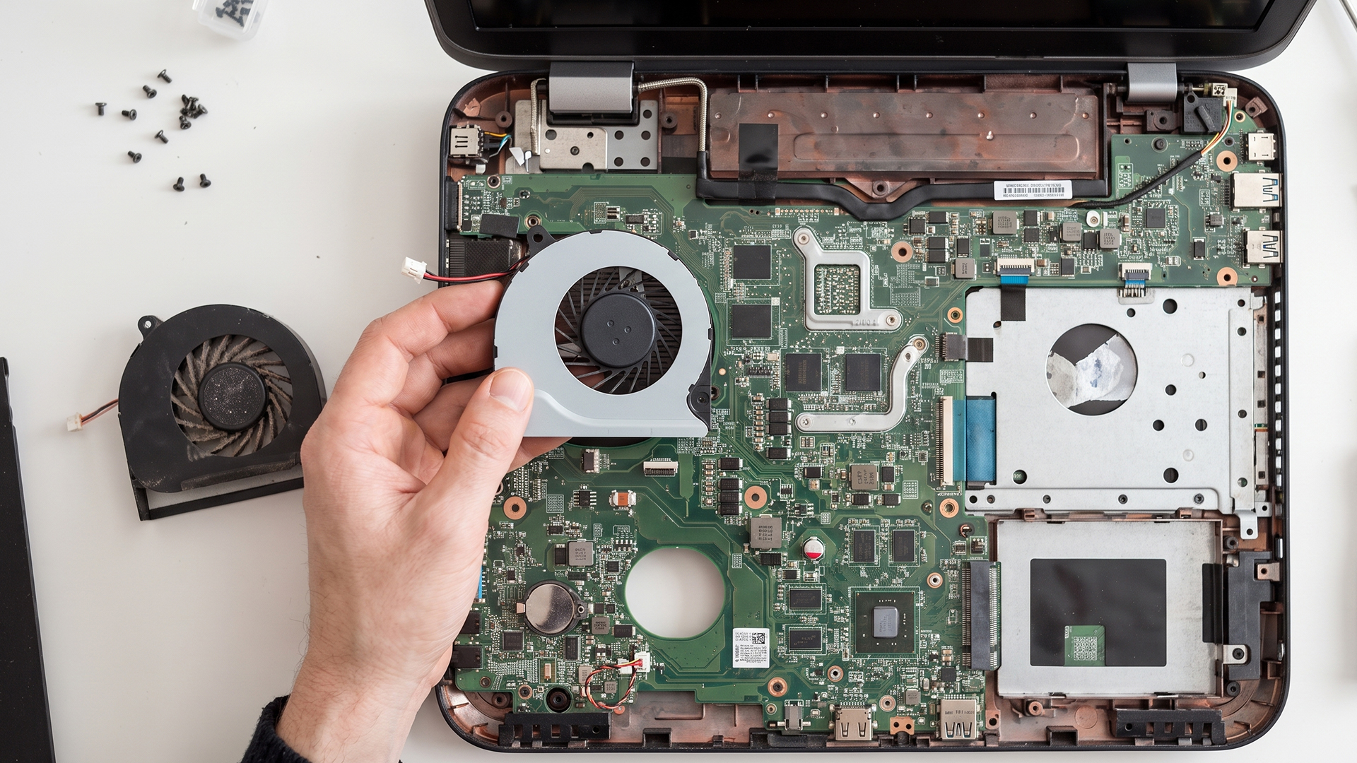 Person holding a clean replacement fan over an opened laptop motherboard.