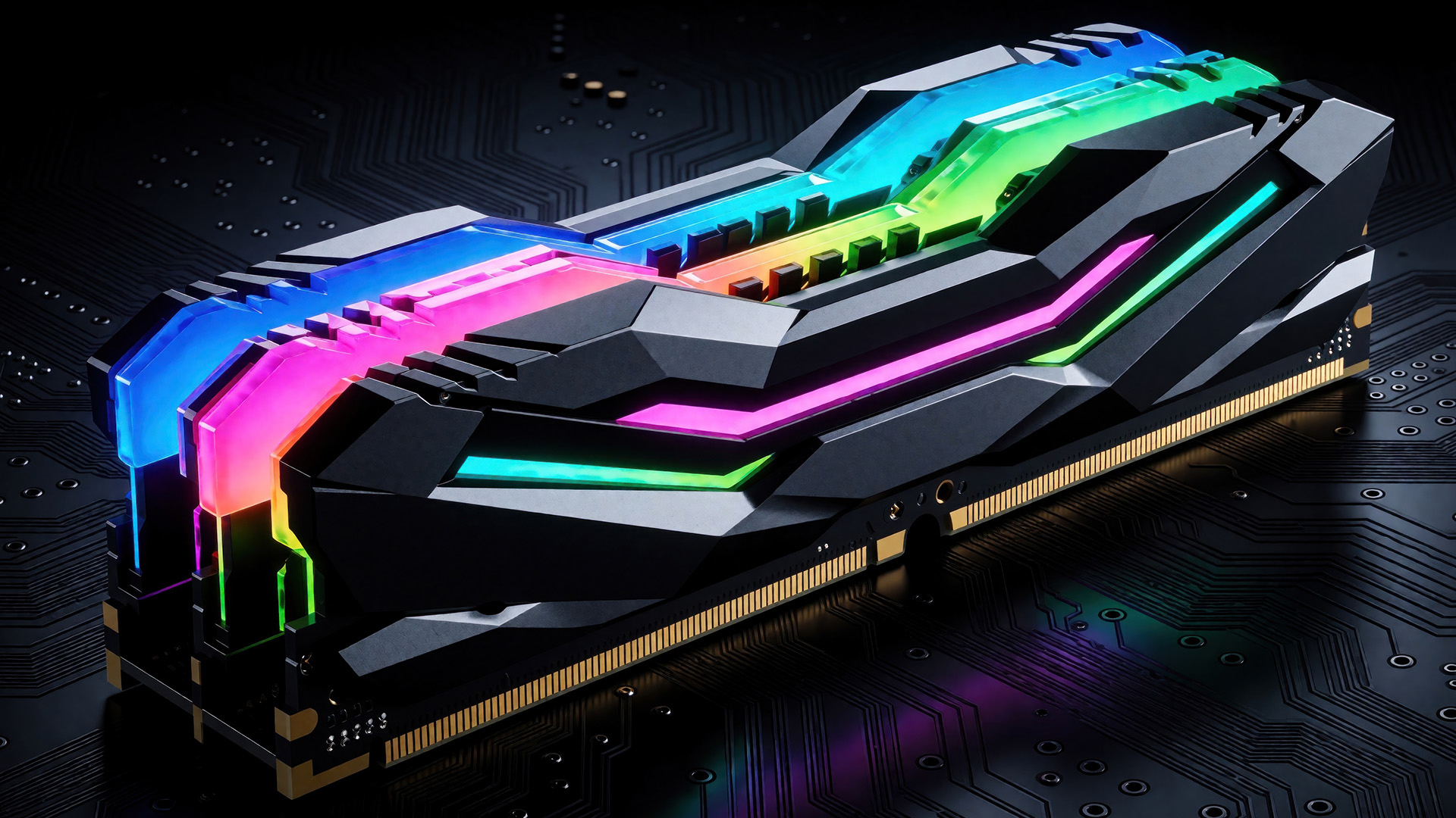 A close-up of a DDR5 gaming RAM module with vibrant RGB lighting on a motherboard.