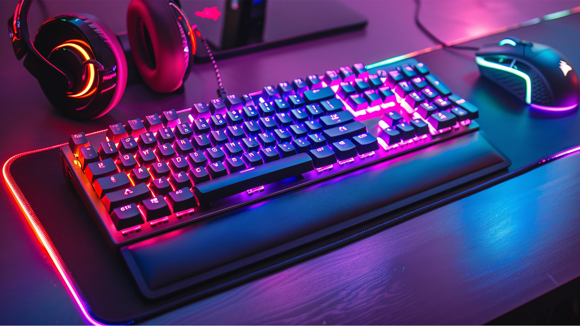 A vibrant RGB backlit gaming keyboard, gaming mouse, and headset on a desk.