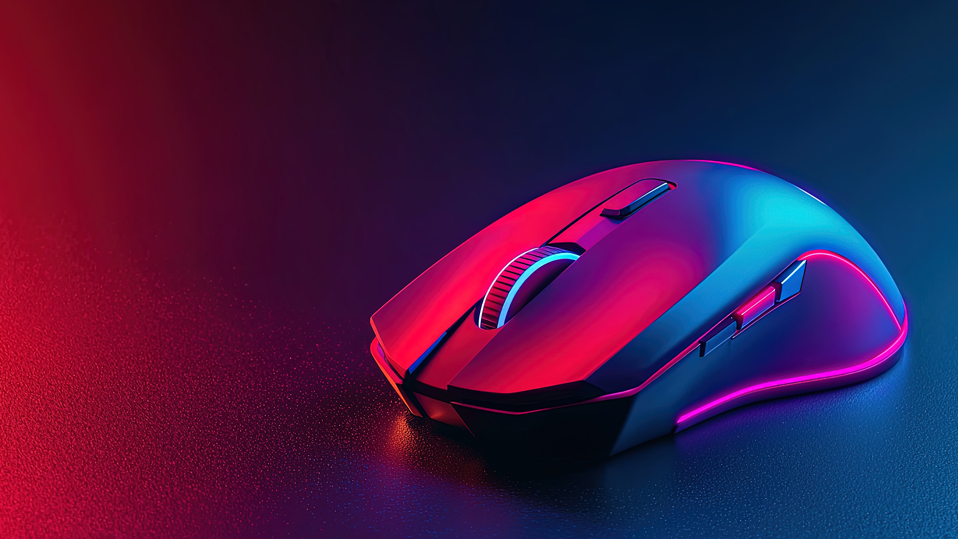 Modern RGB gaming mouse glowing on a dark surface.