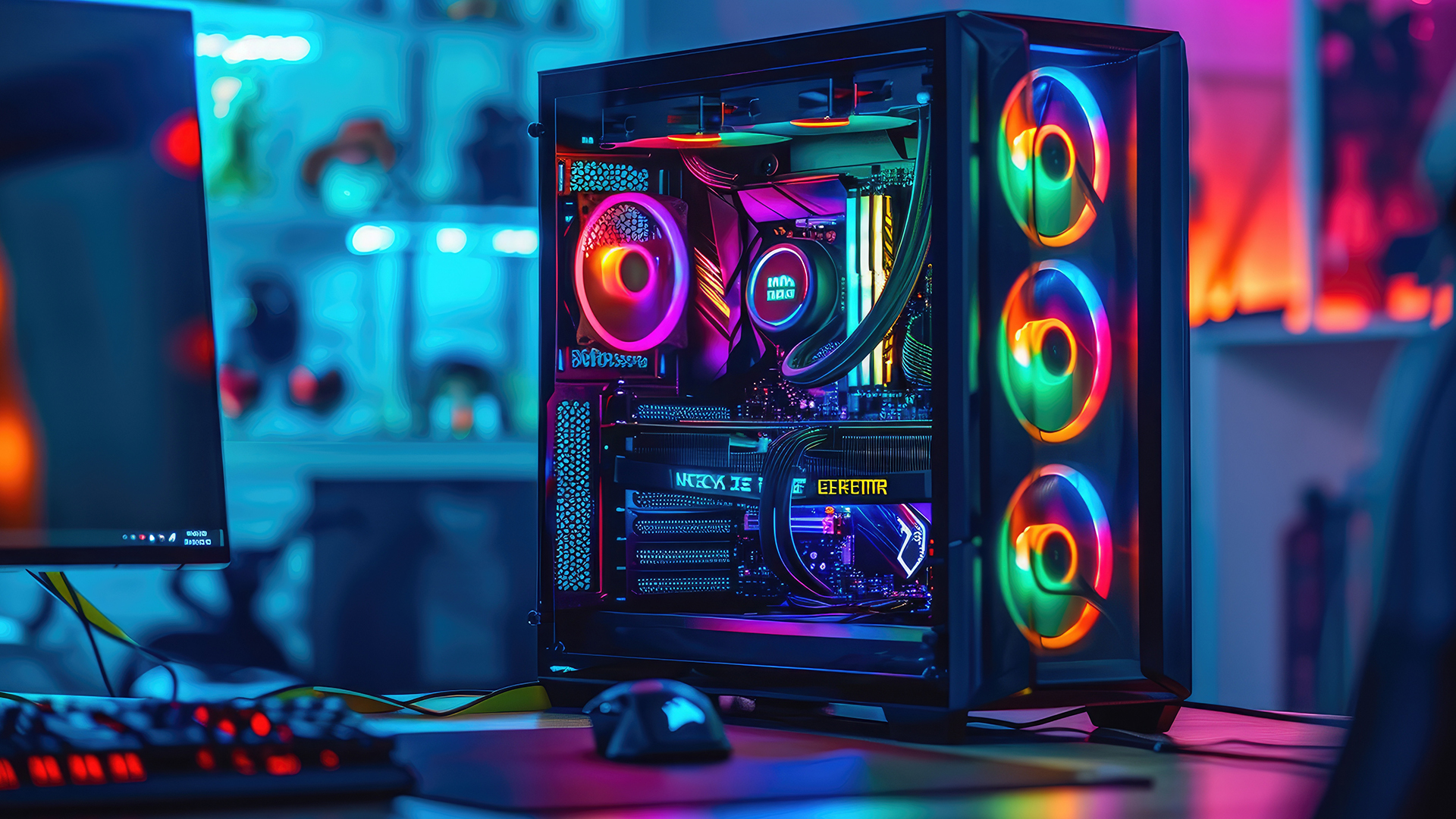 A close-up view of a custom gaming PC tower with vibrant RGB lighting.