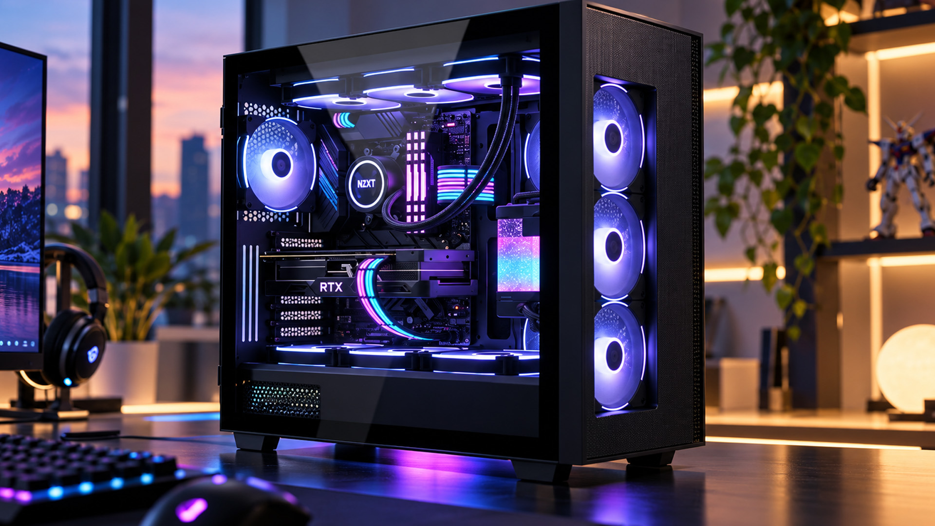 A modern dual-chamber gaming PC with colorful RGB lighting on a desk.