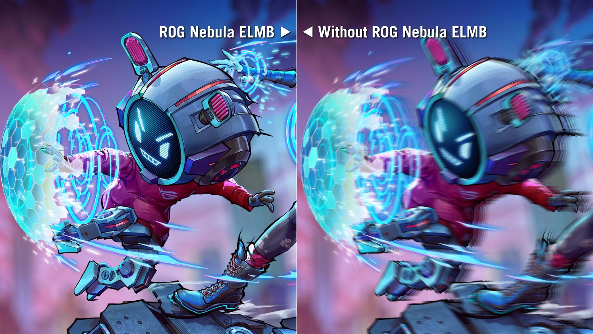 Side-by-side comparison showing clear motion with ROG Nebula ELMB versus without.