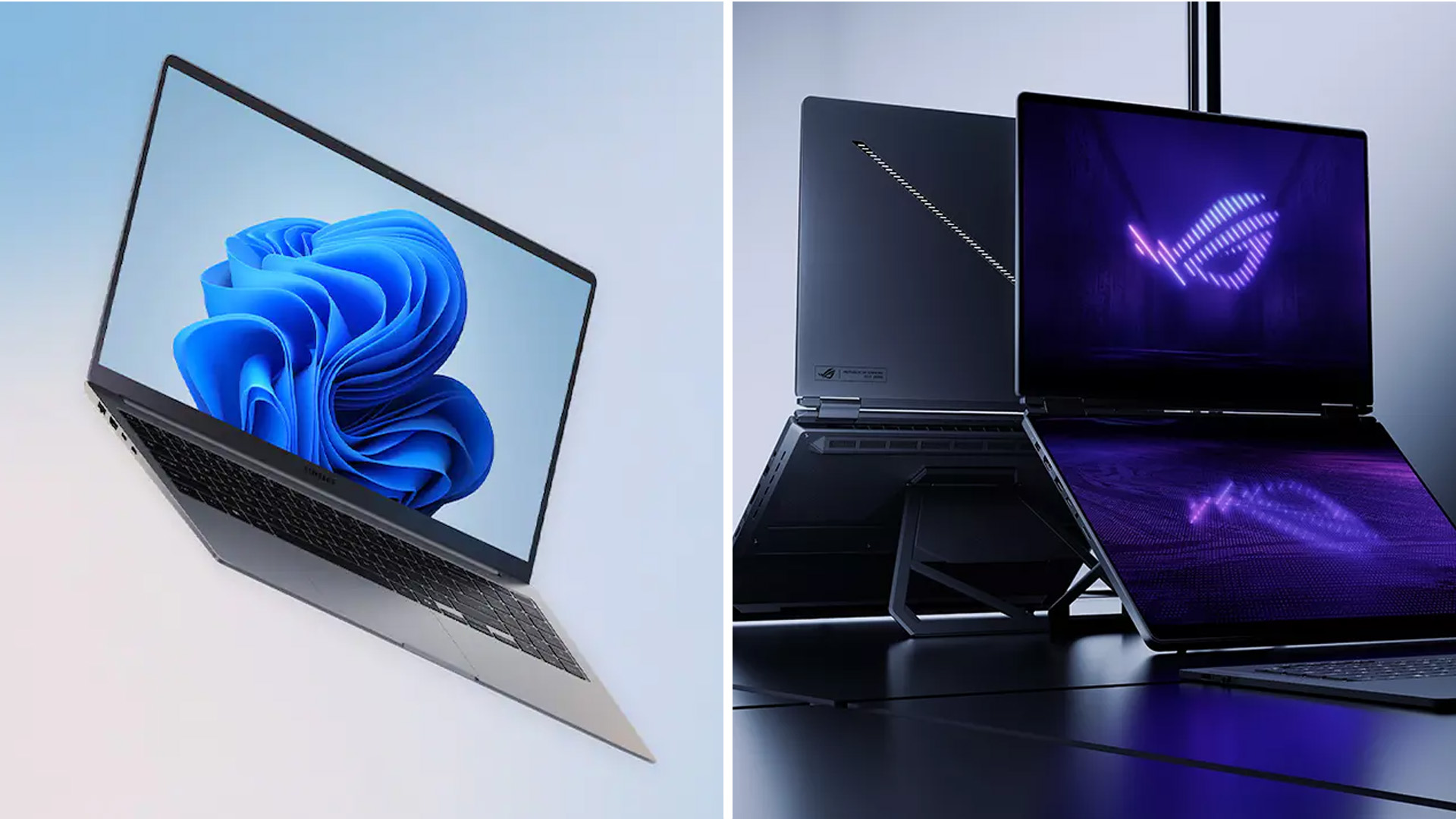 Samsung Galaxy Book displayed next to an ASUS ROG dual screen laptop.
