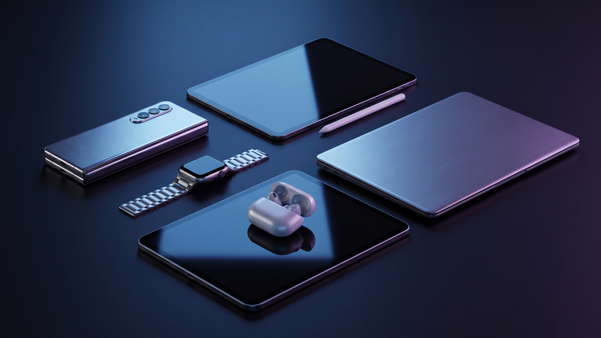 Flat lay of the Samsung Galaxy ecosystem devices on a dark surface.