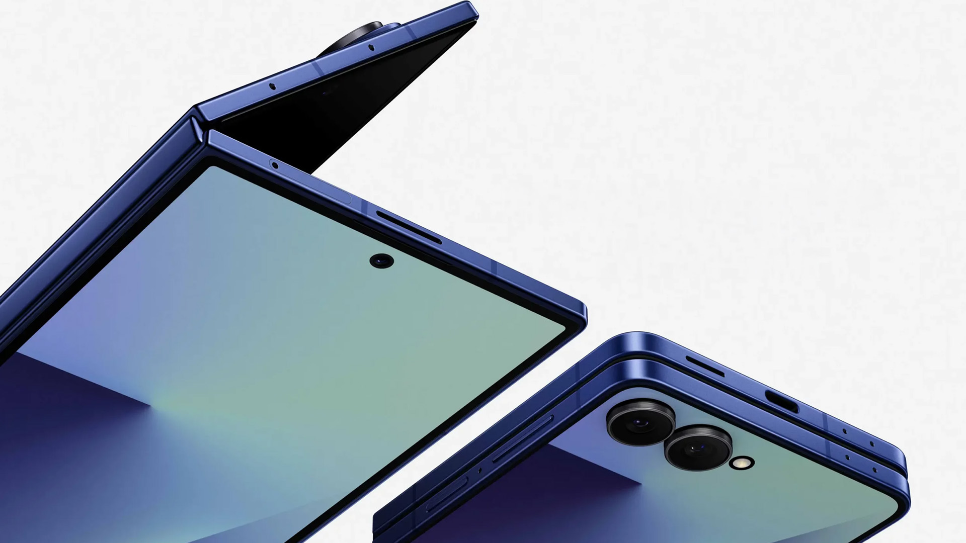 A close-up view focusing on the hinge mechanism and camera layout of a Samsung Galaxy Z Flip device.