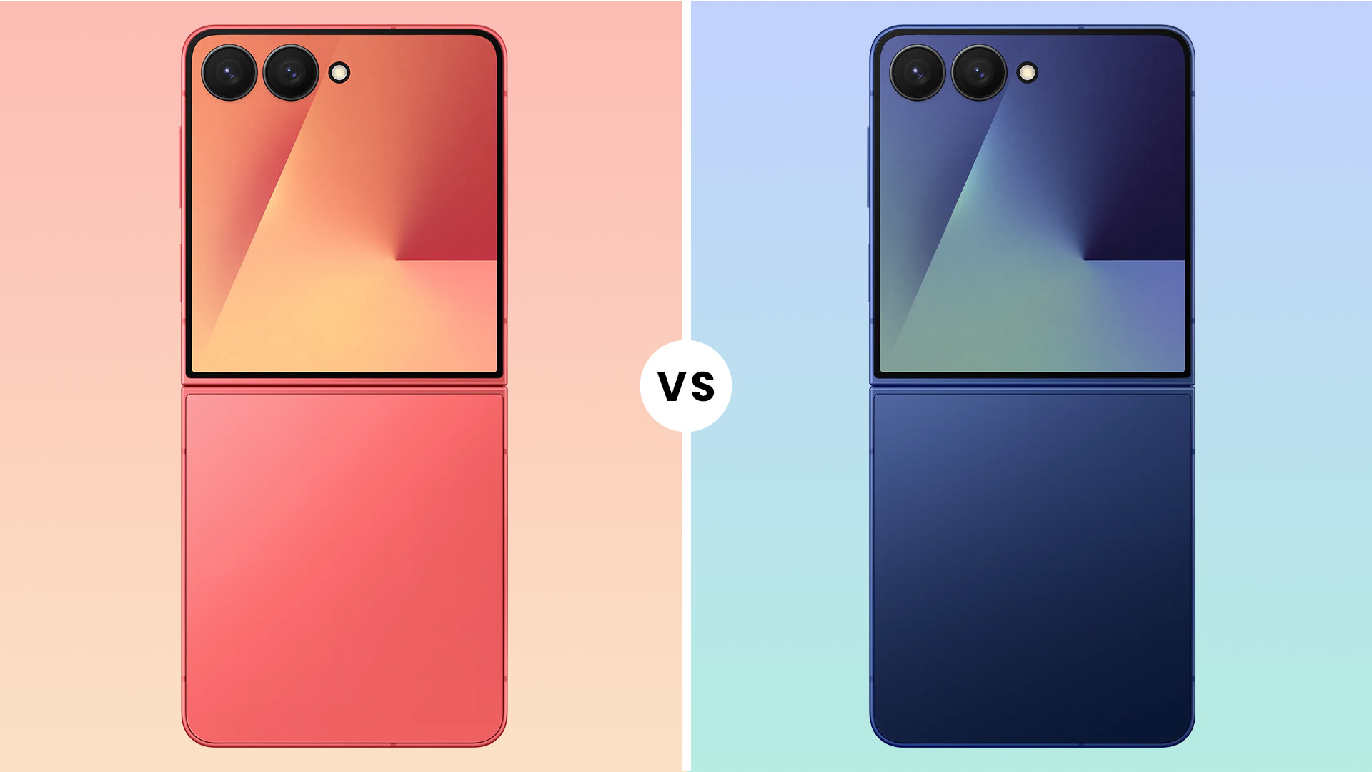 A side-by-side comparison of two Samsung Galaxy Z Flip smartphones in different colours to highlight the device design.
