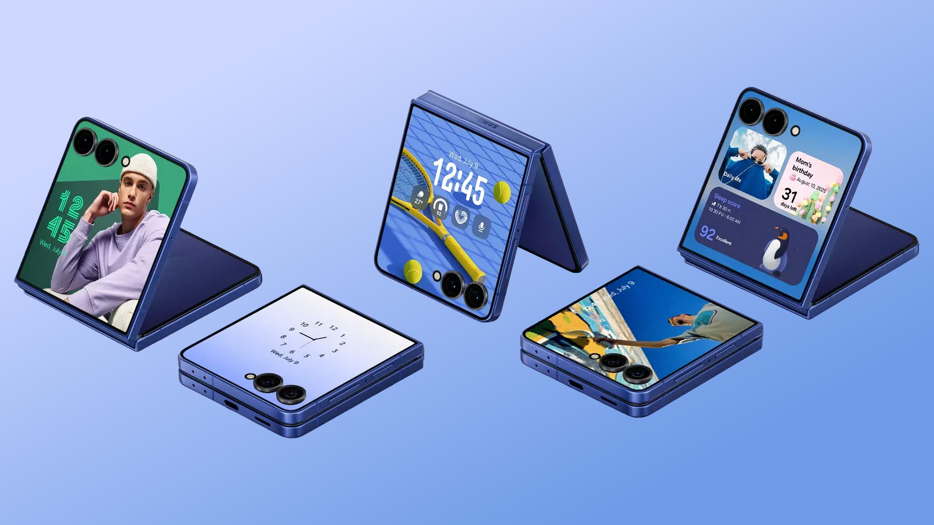A collection of Samsung Galaxy Z Flip smartphones displayed from various angles in open and closed positions.