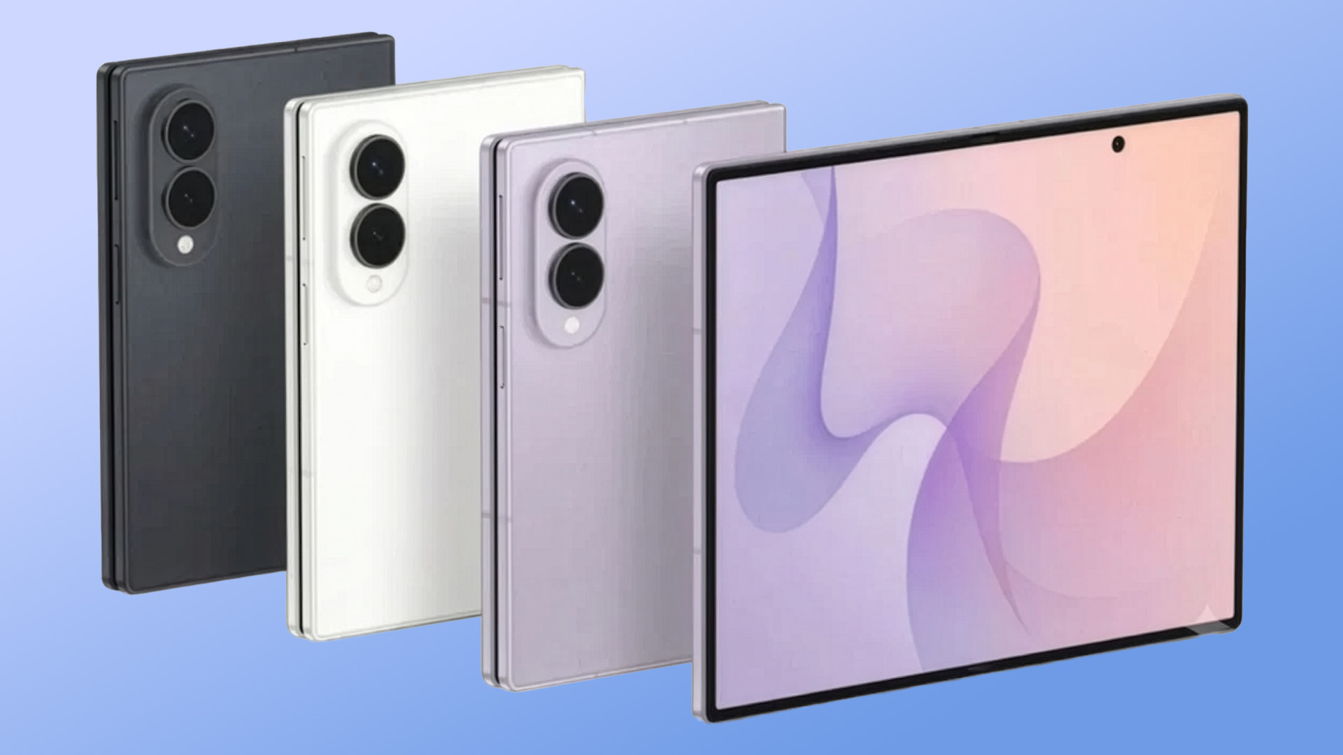 Samsung Galaxy Z Fold8 shown in multiple color options and unfolded view.