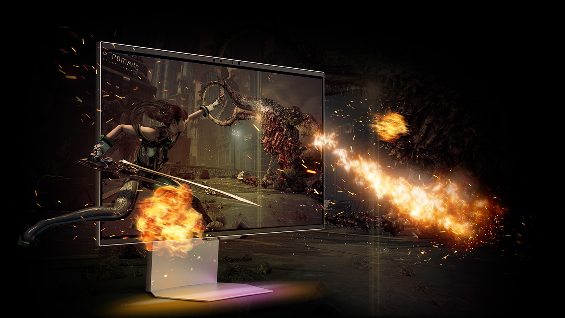 Action gameplay popping out in 3D from the Samsung Odyssey monitor.