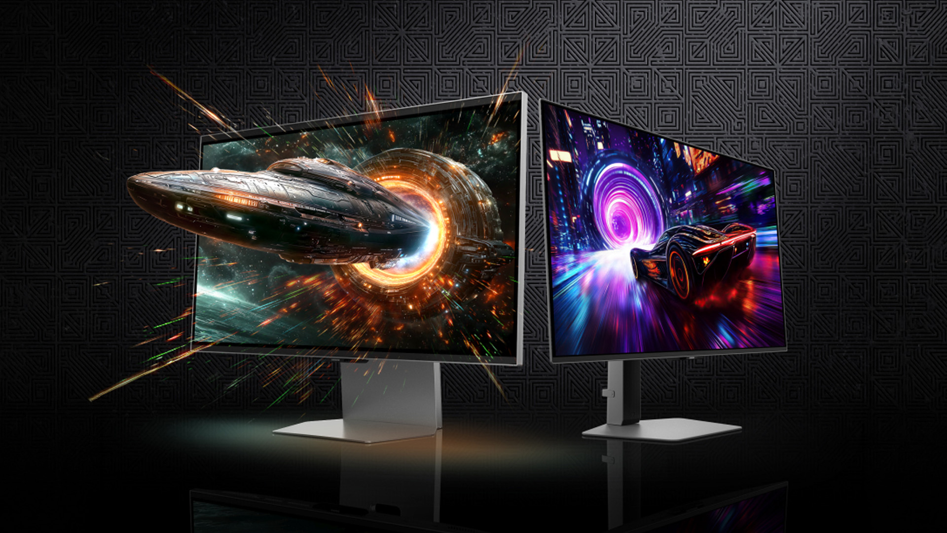 Two Samsung Odyssey 3D monitors displaying immersive glasses-free 3D graphics.