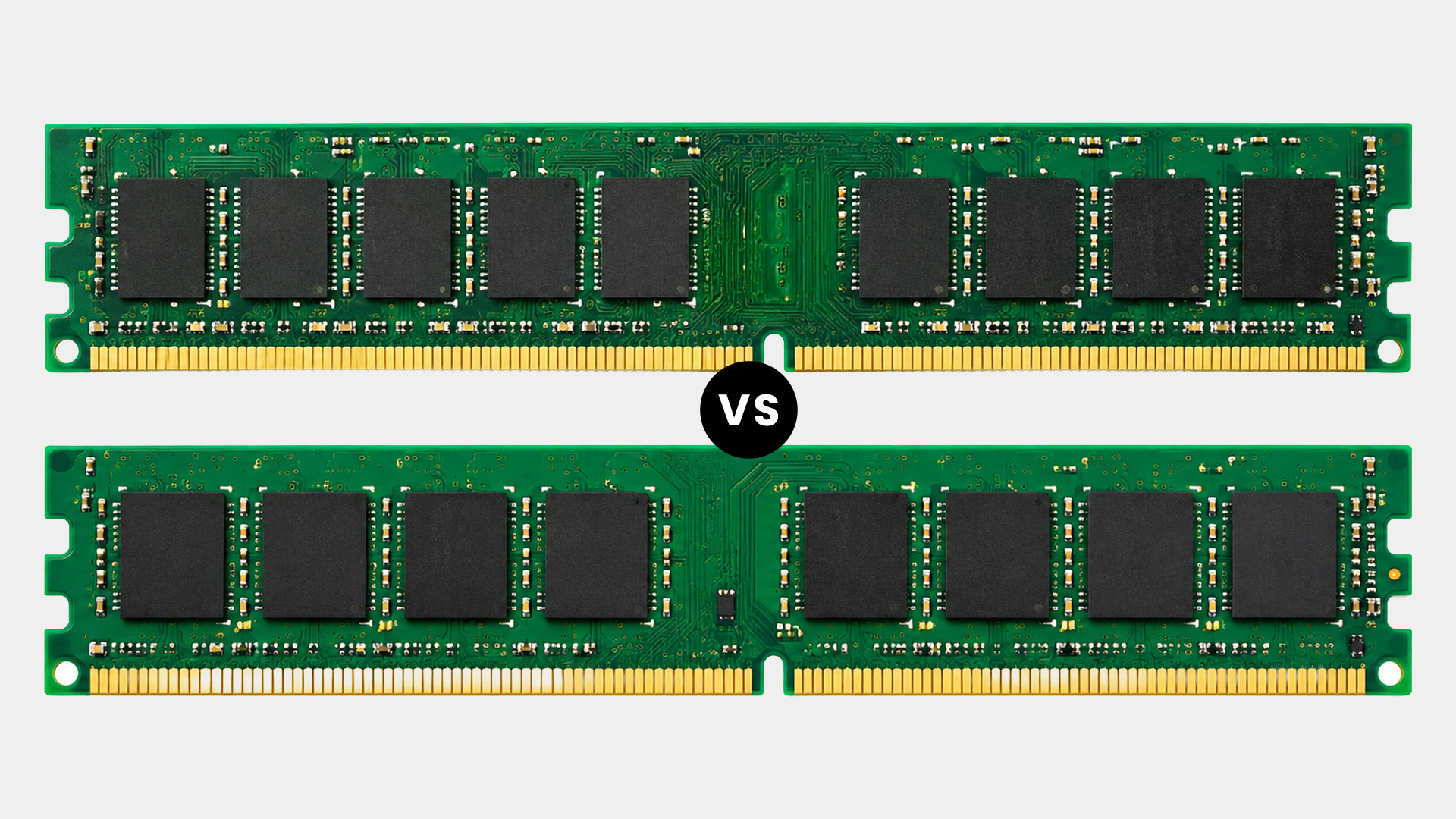 Side-by-side comparison of two green computer memory RAM modules on a light background.