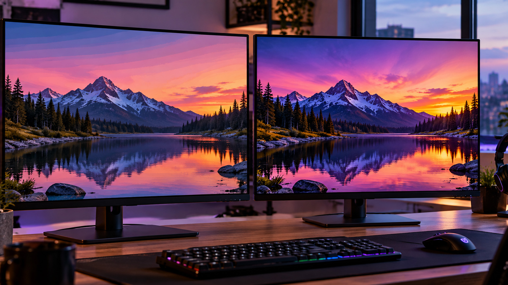 Side-by-side computer monitors showing a vibrant scenic mountain landscape.