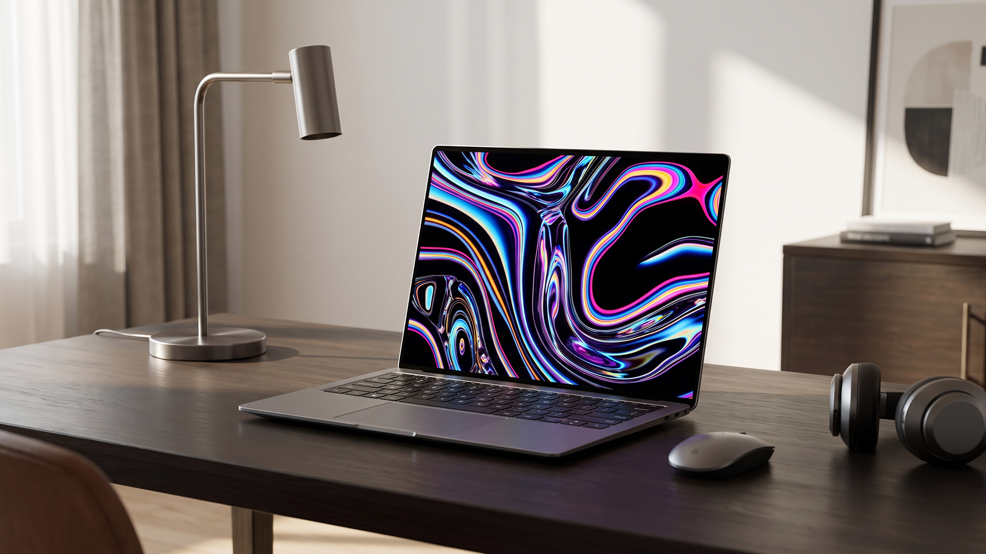 Sleek laptop with vibrant OLED display open on a wooden desk next to headphones.