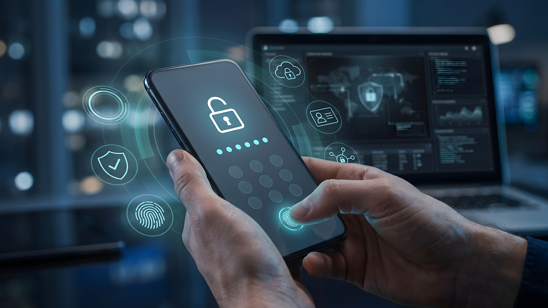 A person unlocking a smartphone displaying a secure lock screen and security icons.