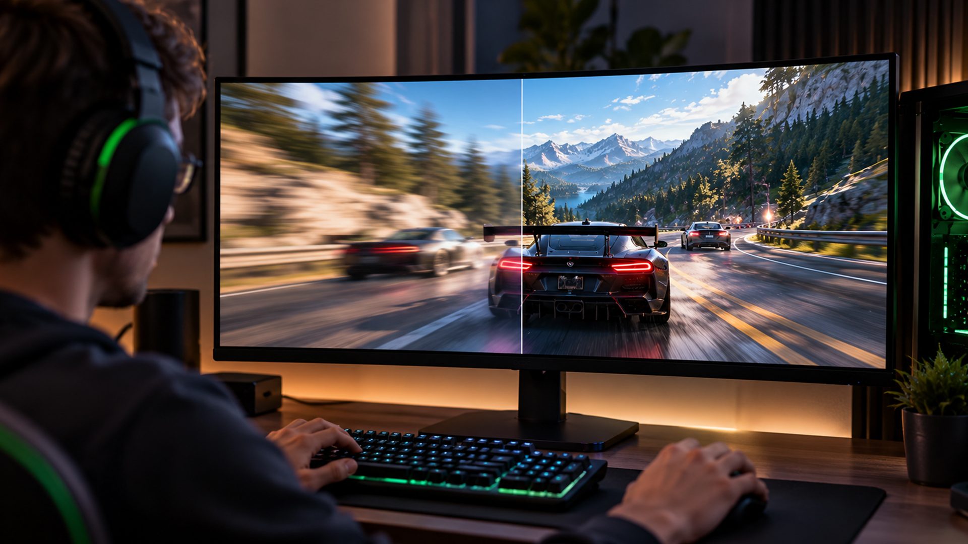A widescreen monitor showing a smooth motion comparison.
