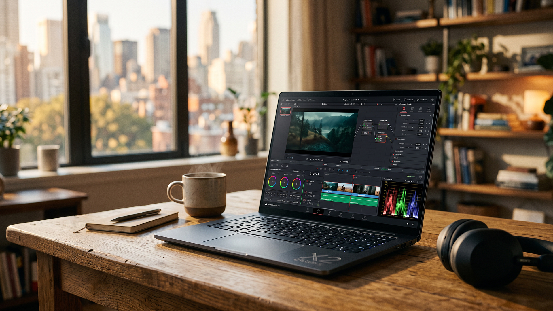 Laptop running DaVinci Resolve video editing software on a wooden desk.