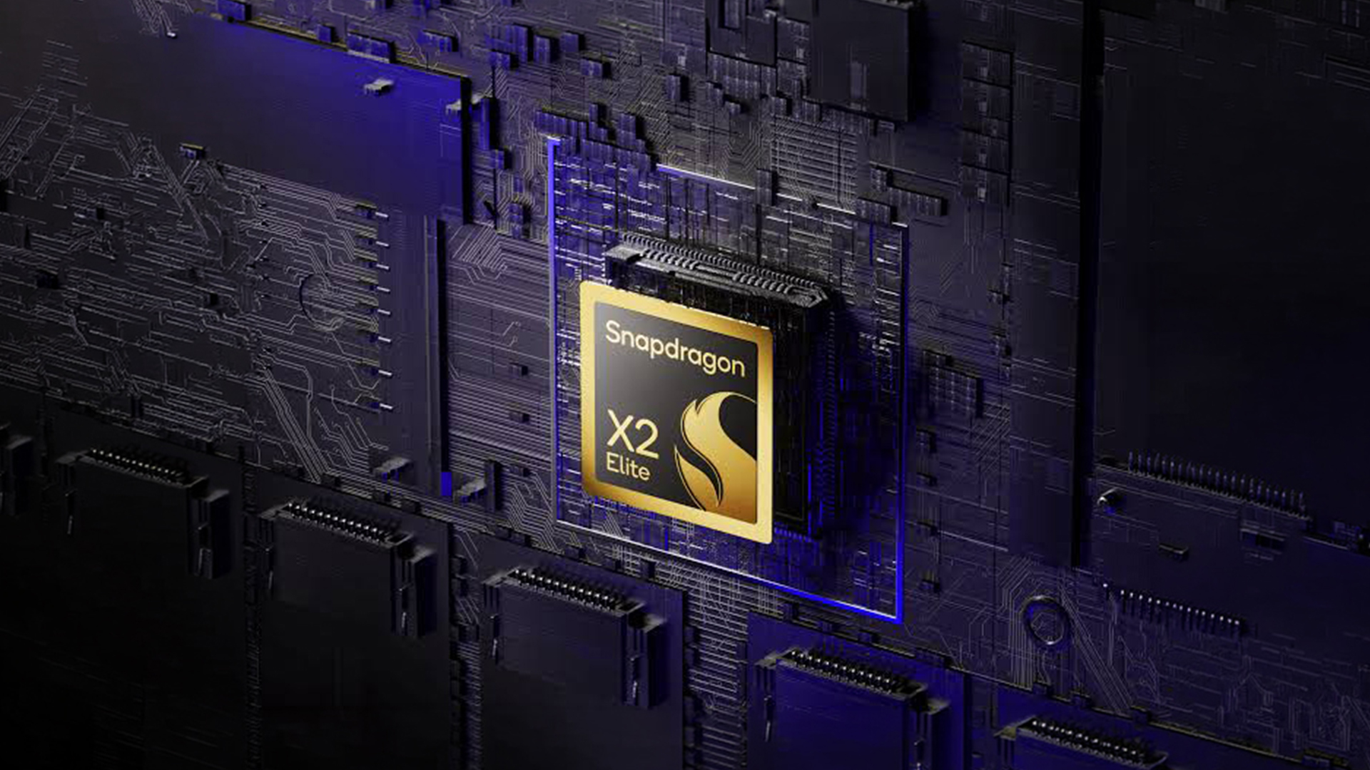 Gold Snapdragon X2 Elite processor logo badge on a dark circuit board.
