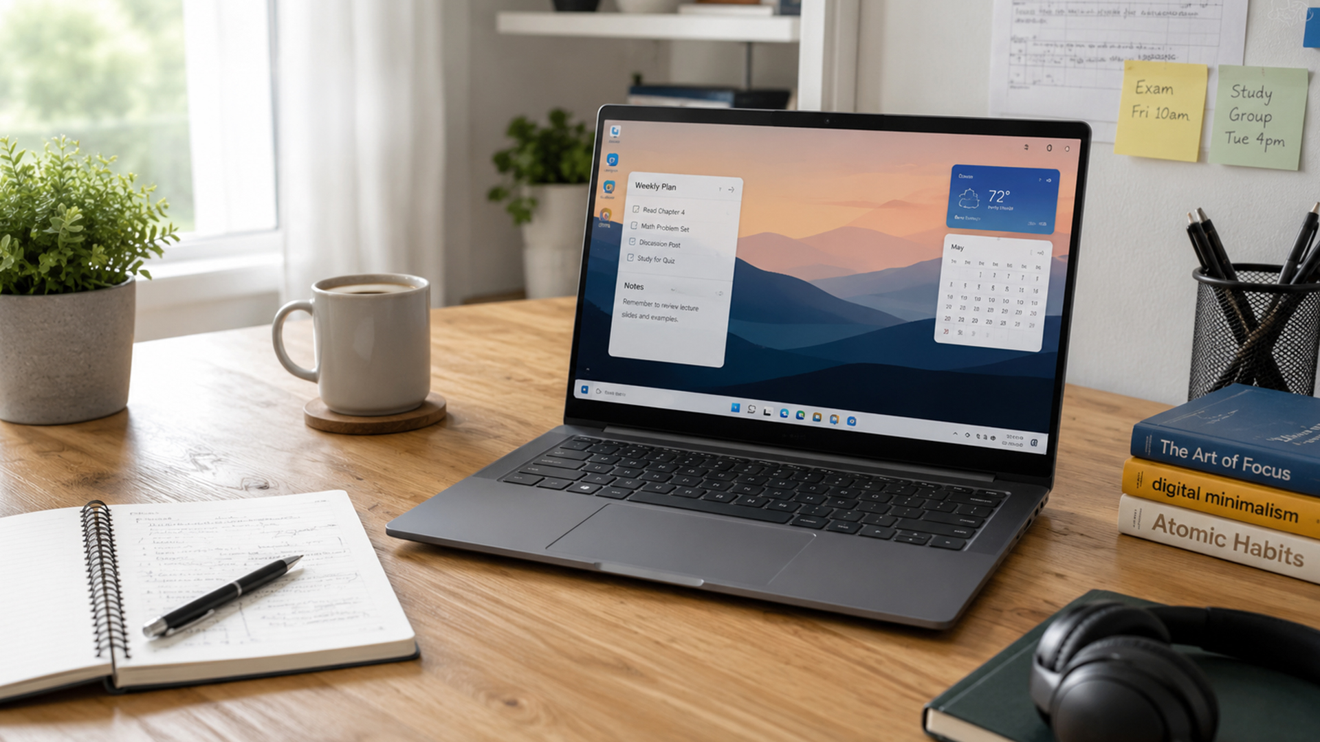A student Ryzen 5 laptop set up on a wooden desk with notebooks, study notes, and a coffee cup.