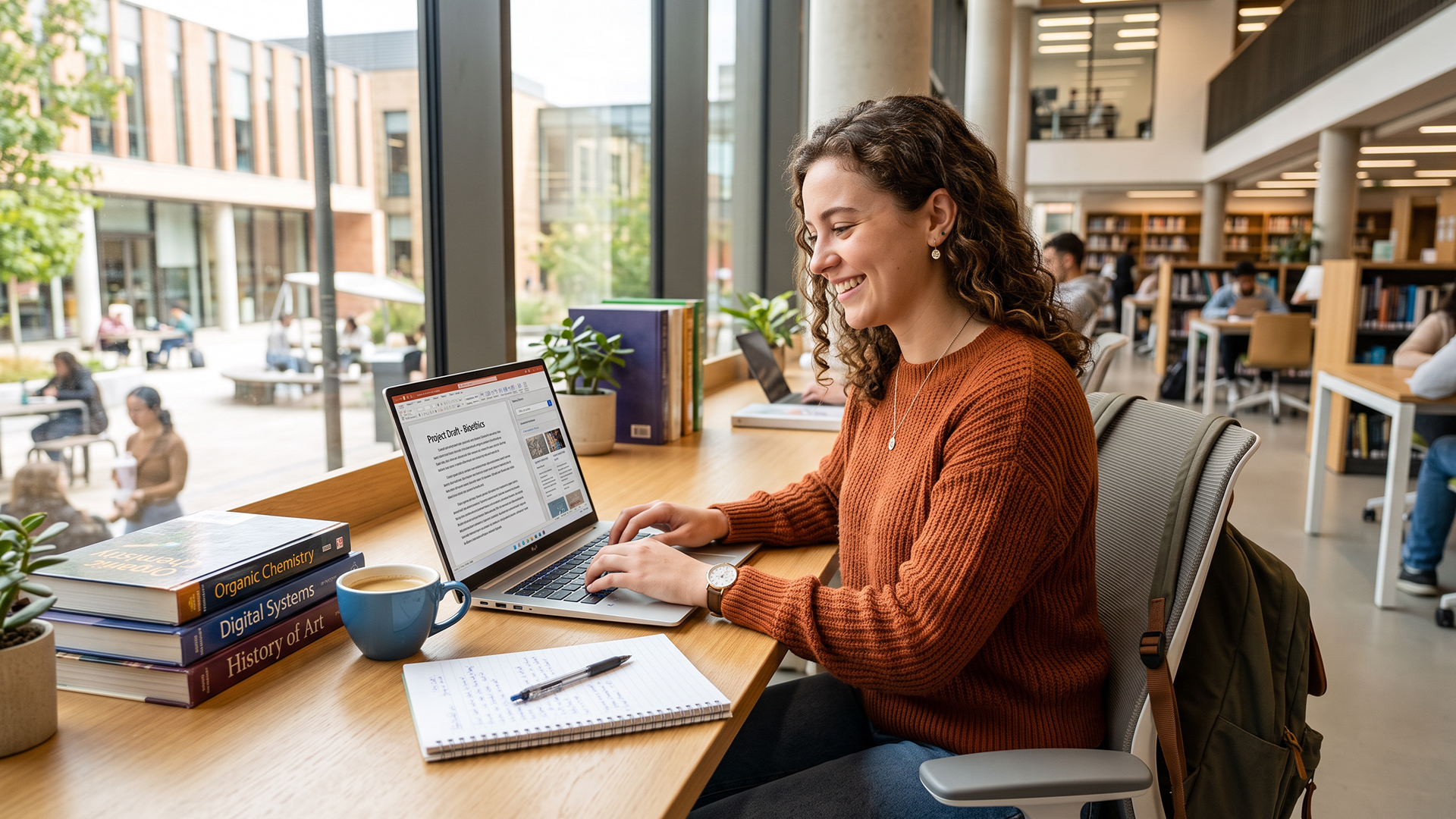 Smiling student typing on a silver laptop at a university library desk.