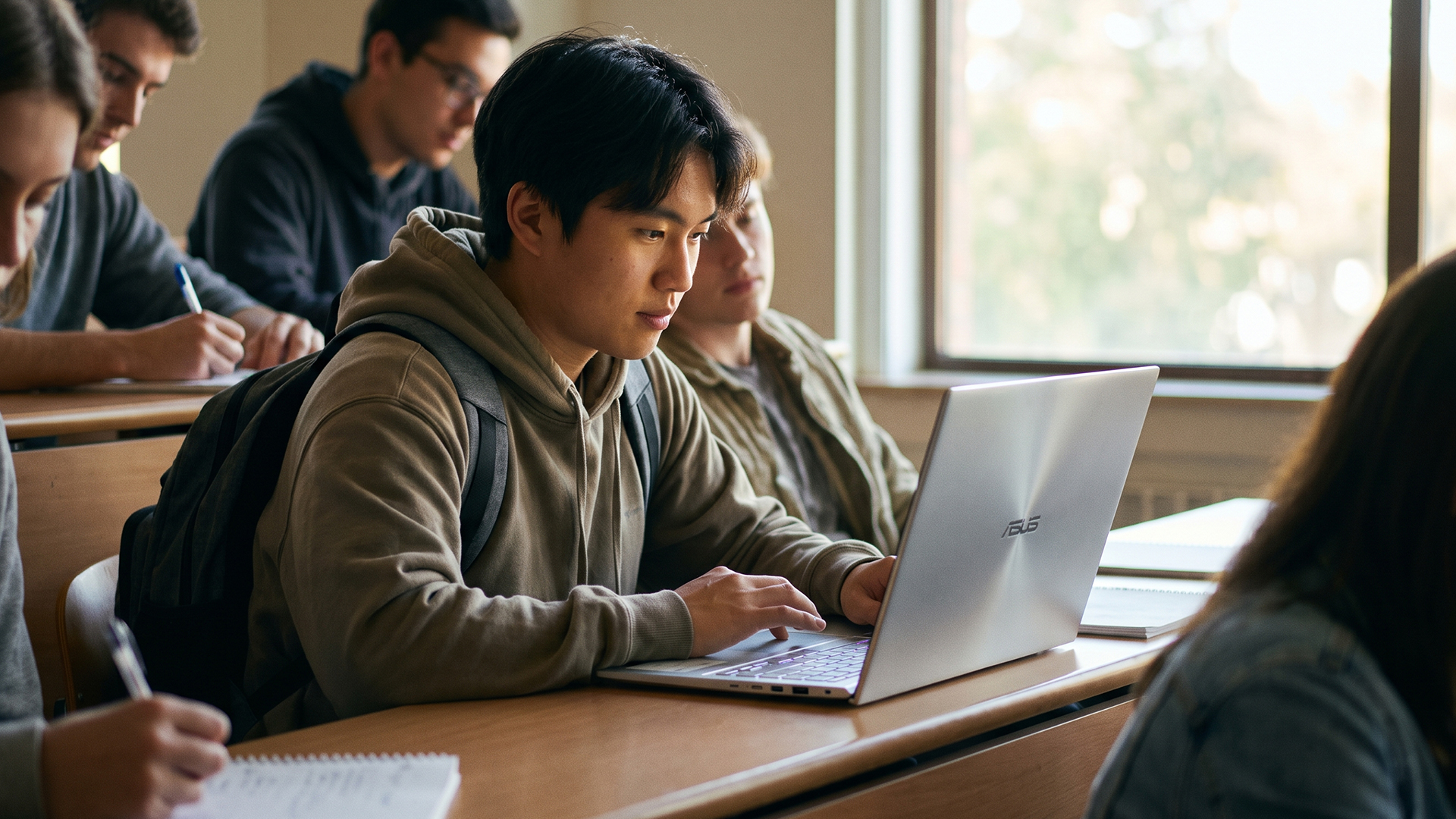 A young student focused on typing on an ASUS laptop while sitting at a desk in a classroom with other students.