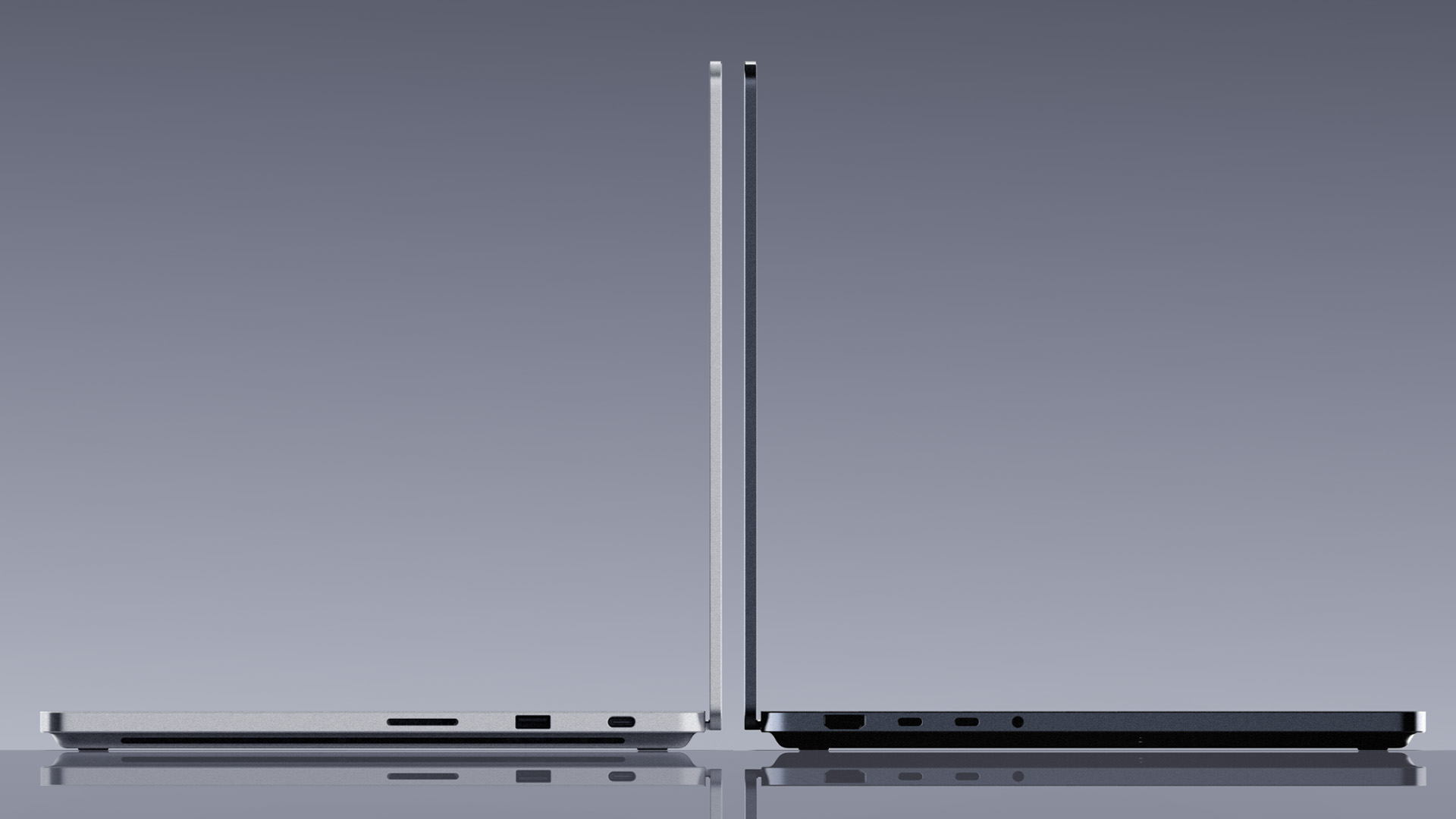 Side profile of two slim Microsoft Surface Laptop Ultra models standing back-to-back.