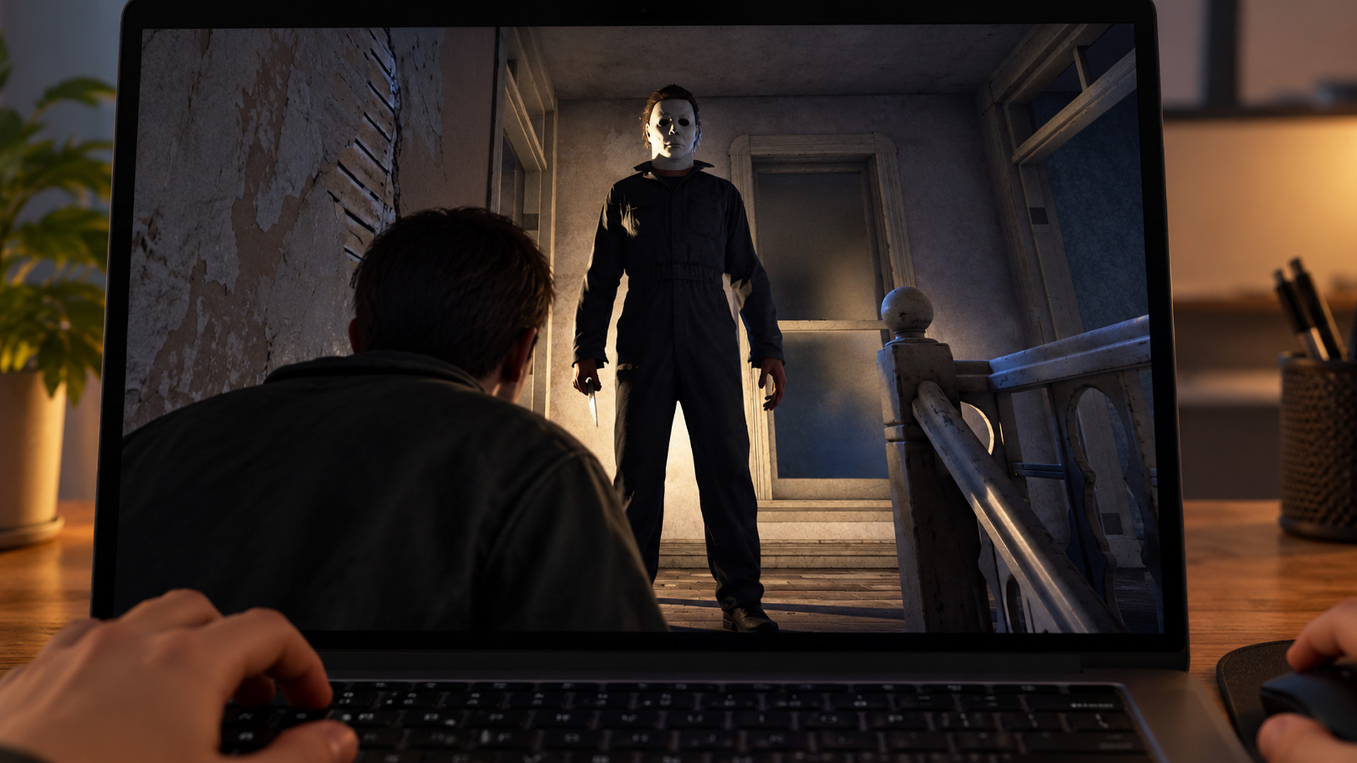 A laptop screen displaying a tense moment as a character hides from Michael Myers indoors.