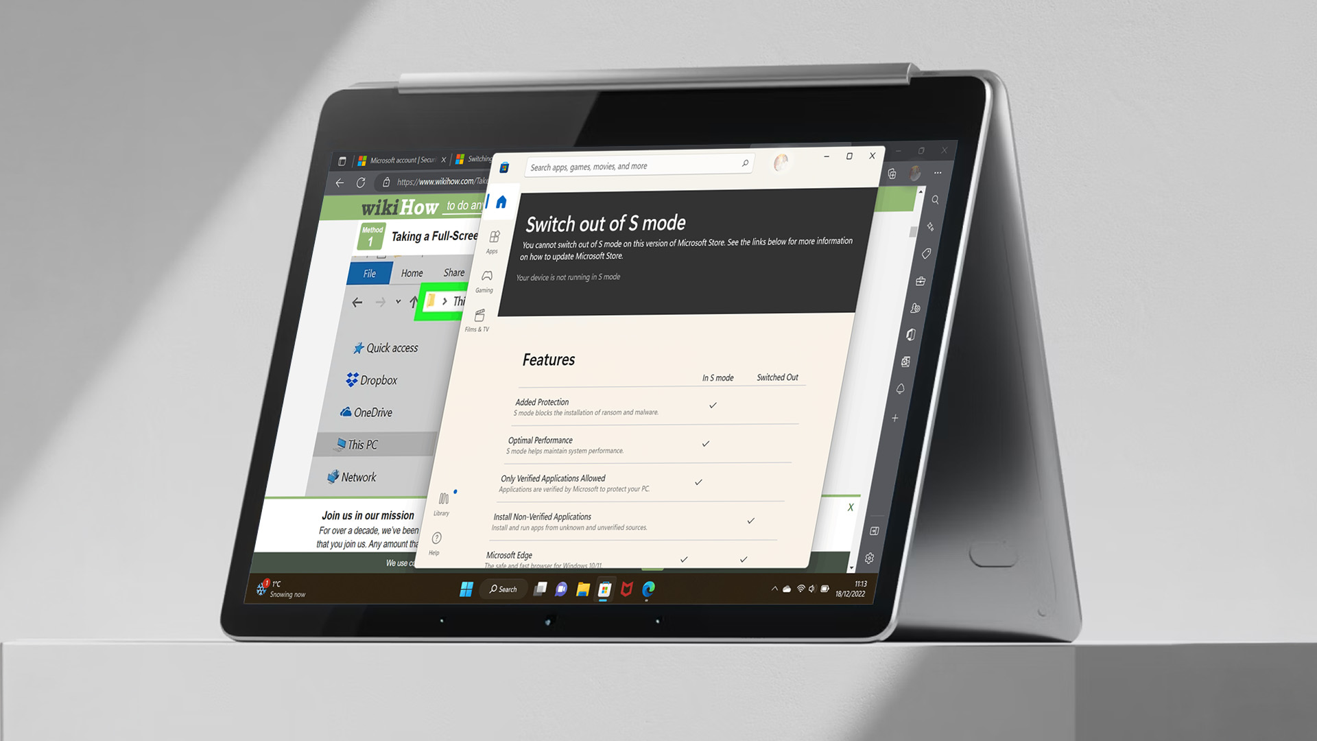 A laptop displaying Windows 11 settings to exit S mode.
