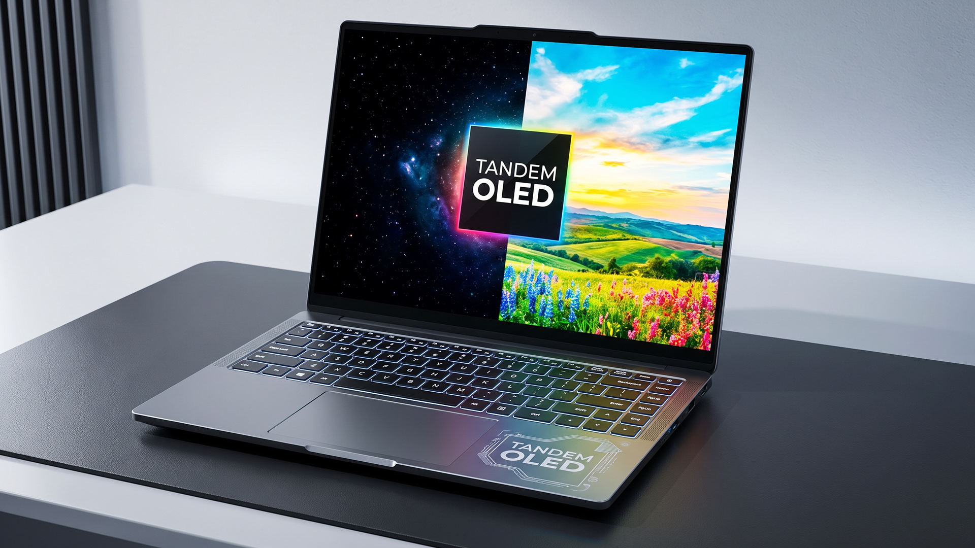 Laptop displaying vivid day and night scenes with a Tandem OLED logo.